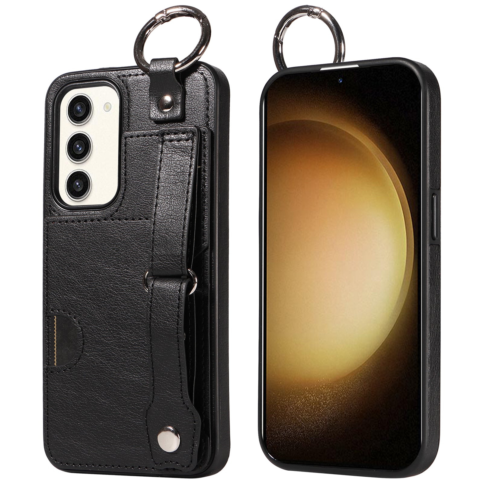 008 For Samsung Galaxy S23+ Kickstand Case Anti-Dorp PU+TPU Phone Cover with Ring Buckle - Black