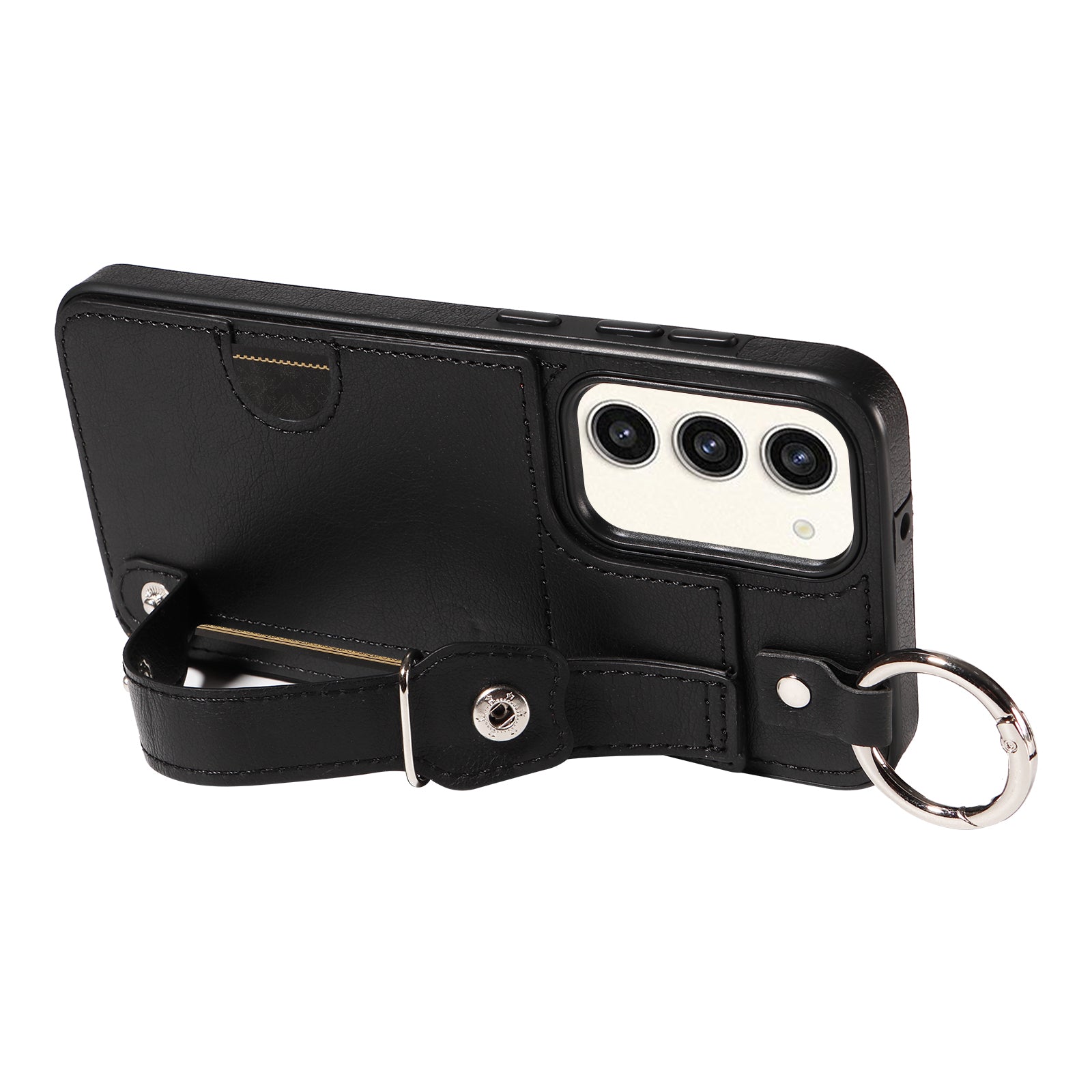 008 For Samsung Galaxy S23+ Kickstand Case Anti-Dorp PU+TPU Phone Cover with Ring Buckle - Black