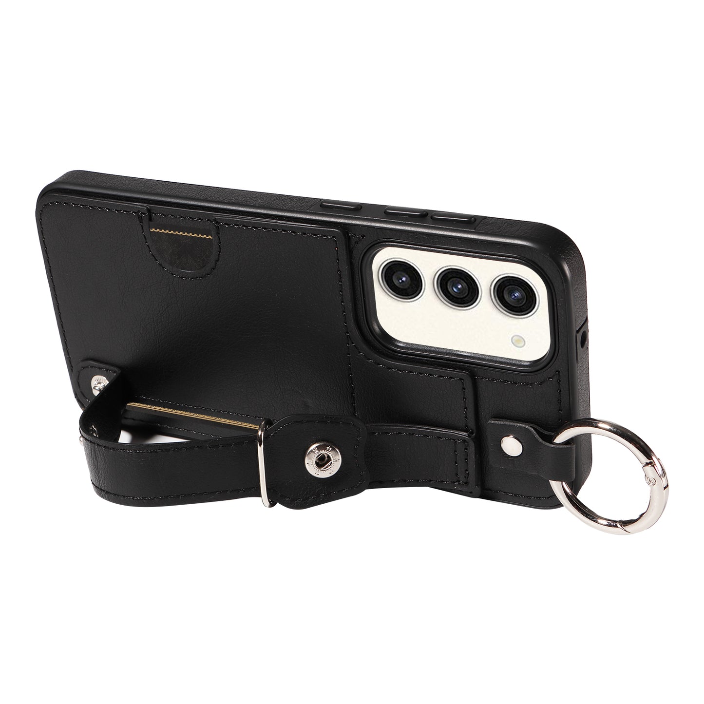 008 For Samsung Galaxy S23+ Kickstand Case Anti-Dorp PU+TPU Phone Cover with Ring Buckle - Black