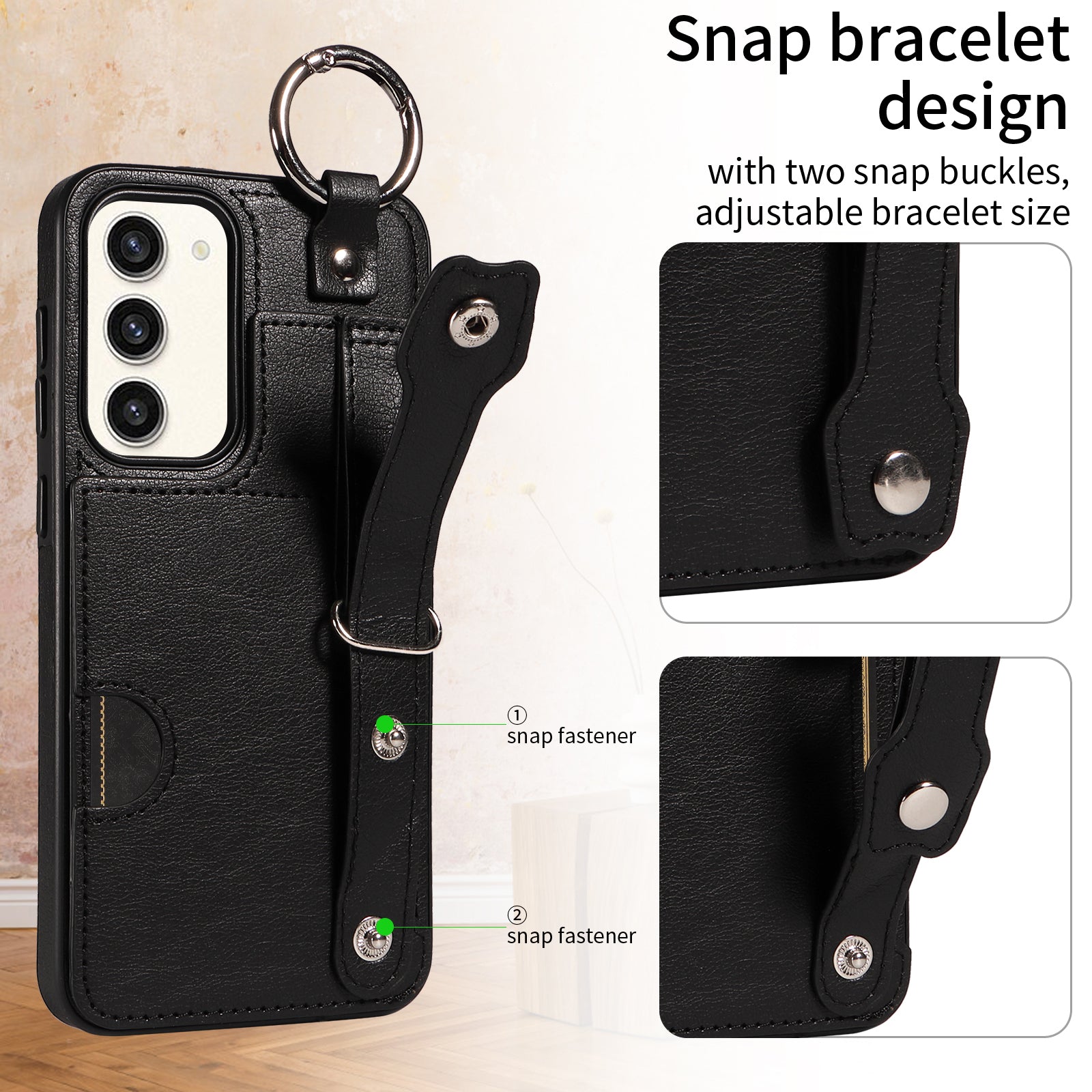 008 For Samsung Galaxy S23+ Kickstand Case Anti-Dorp PU+TPU Phone Cover with Ring Buckle - Black