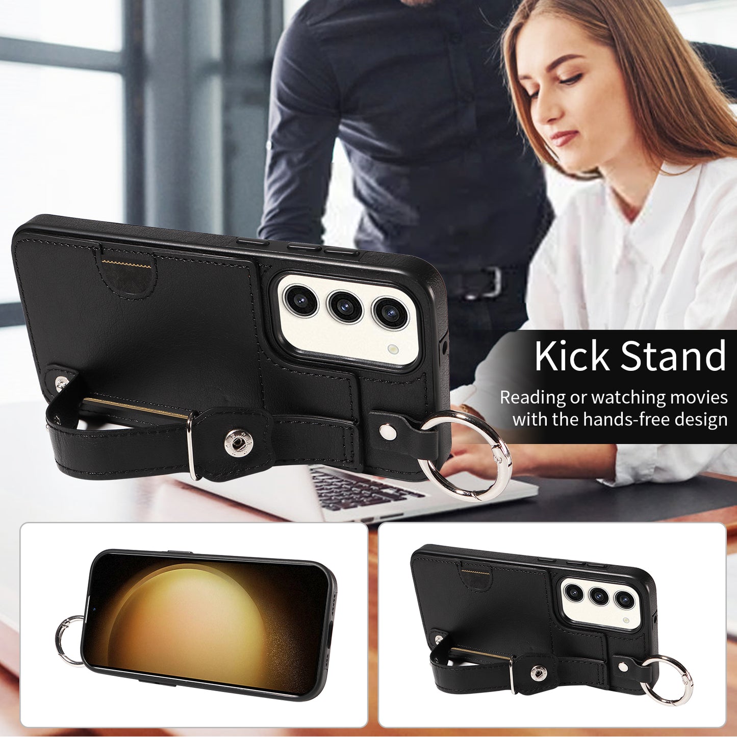 008 For Samsung Galaxy S23+ Kickstand Case Anti-Dorp PU+TPU Phone Cover with Ring Buckle - Black