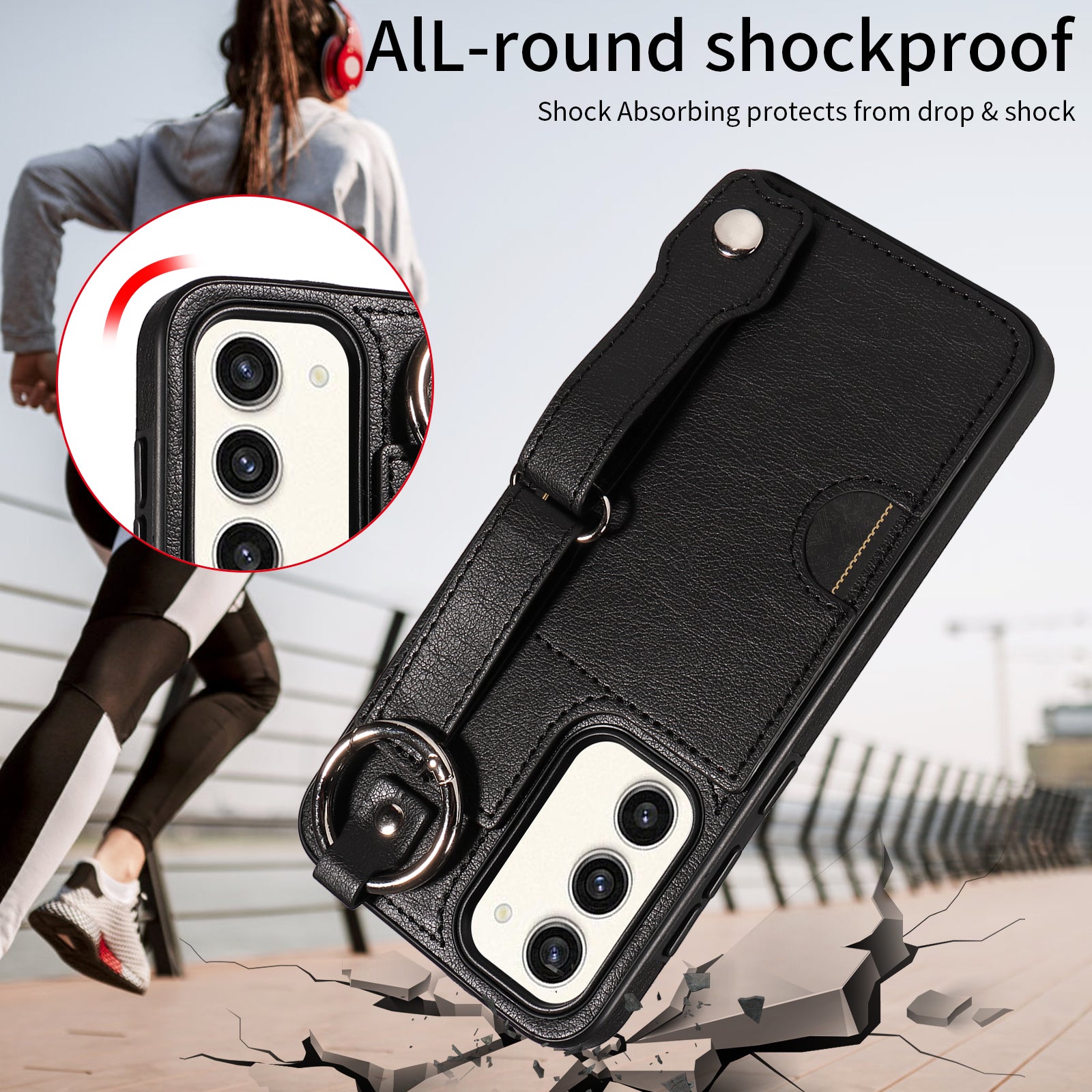 008 For Samsung Galaxy S23+ Kickstand Case Anti-Dorp PU+TPU Phone Cover with Ring Buckle - Black