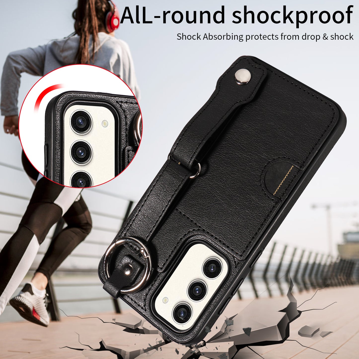 008 For Samsung Galaxy S23+ Kickstand Case Anti-Dorp PU+TPU Phone Cover with Ring Buckle - Black
