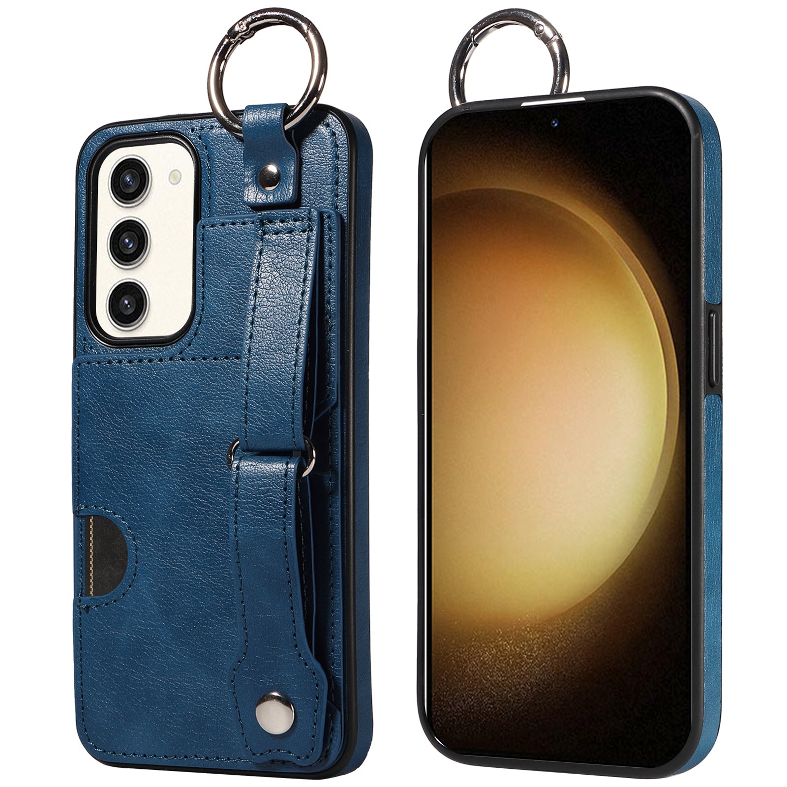 008 For Samsung Galaxy S23+ Kickstand Case Anti-Dorp PU+TPU Phone Cover with Ring Buckle - Blue