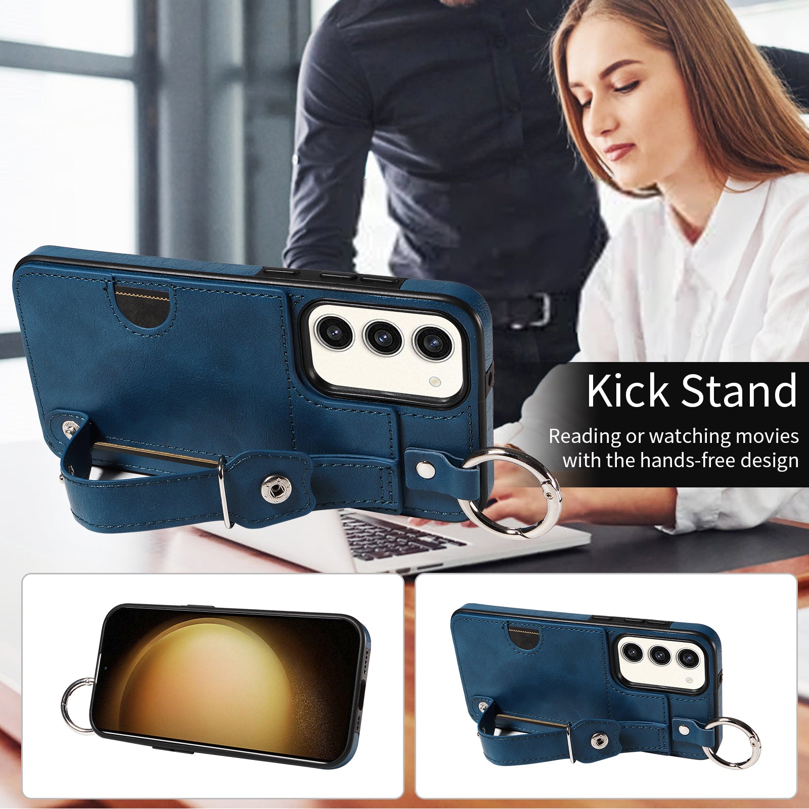 008 For Samsung Galaxy S23+ Kickstand Case Anti-Dorp PU+TPU Phone Cover with Ring Buckle - Blue