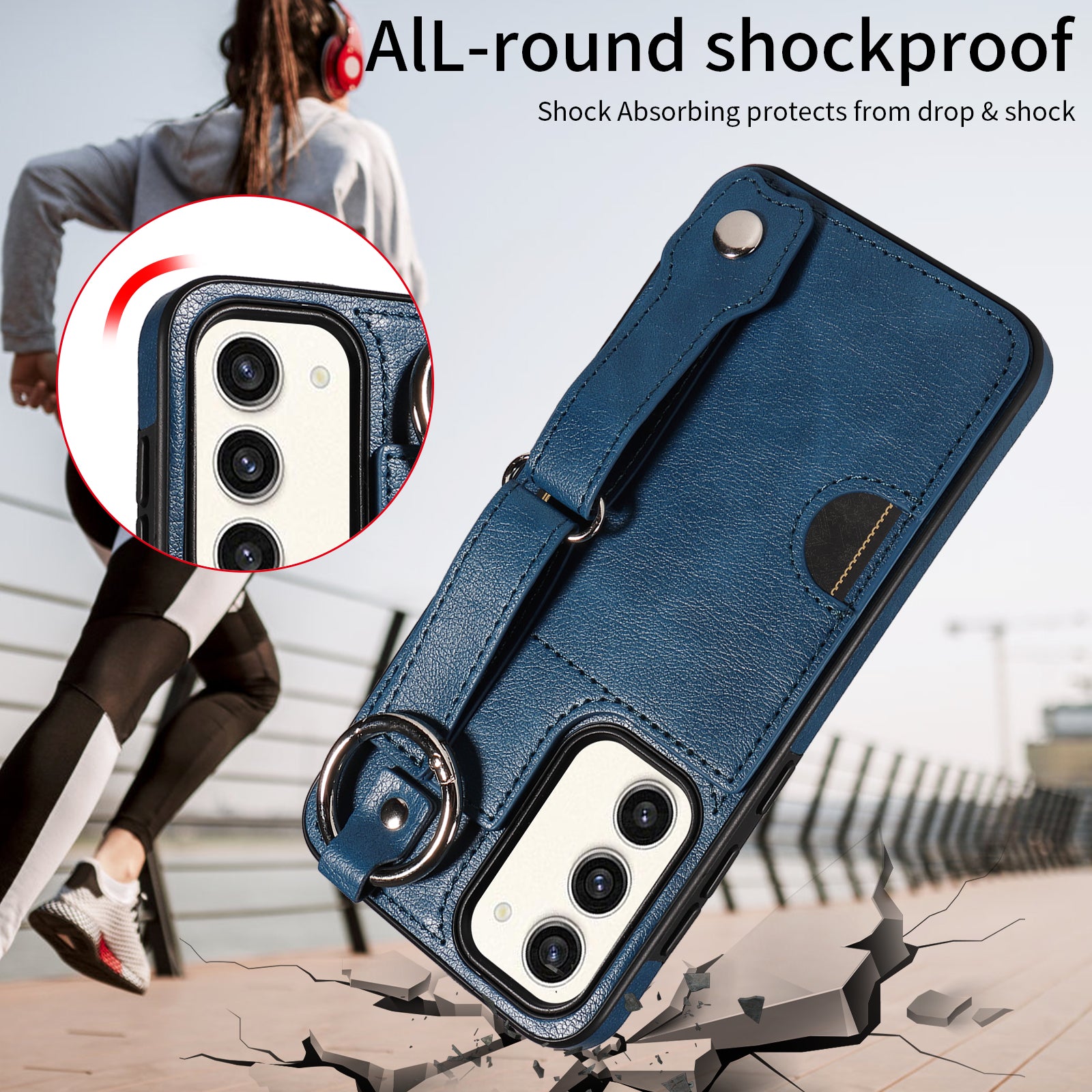 008 For Samsung Galaxy S23+ Kickstand Case Anti-Dorp PU+TPU Phone Cover with Ring Buckle - Blue