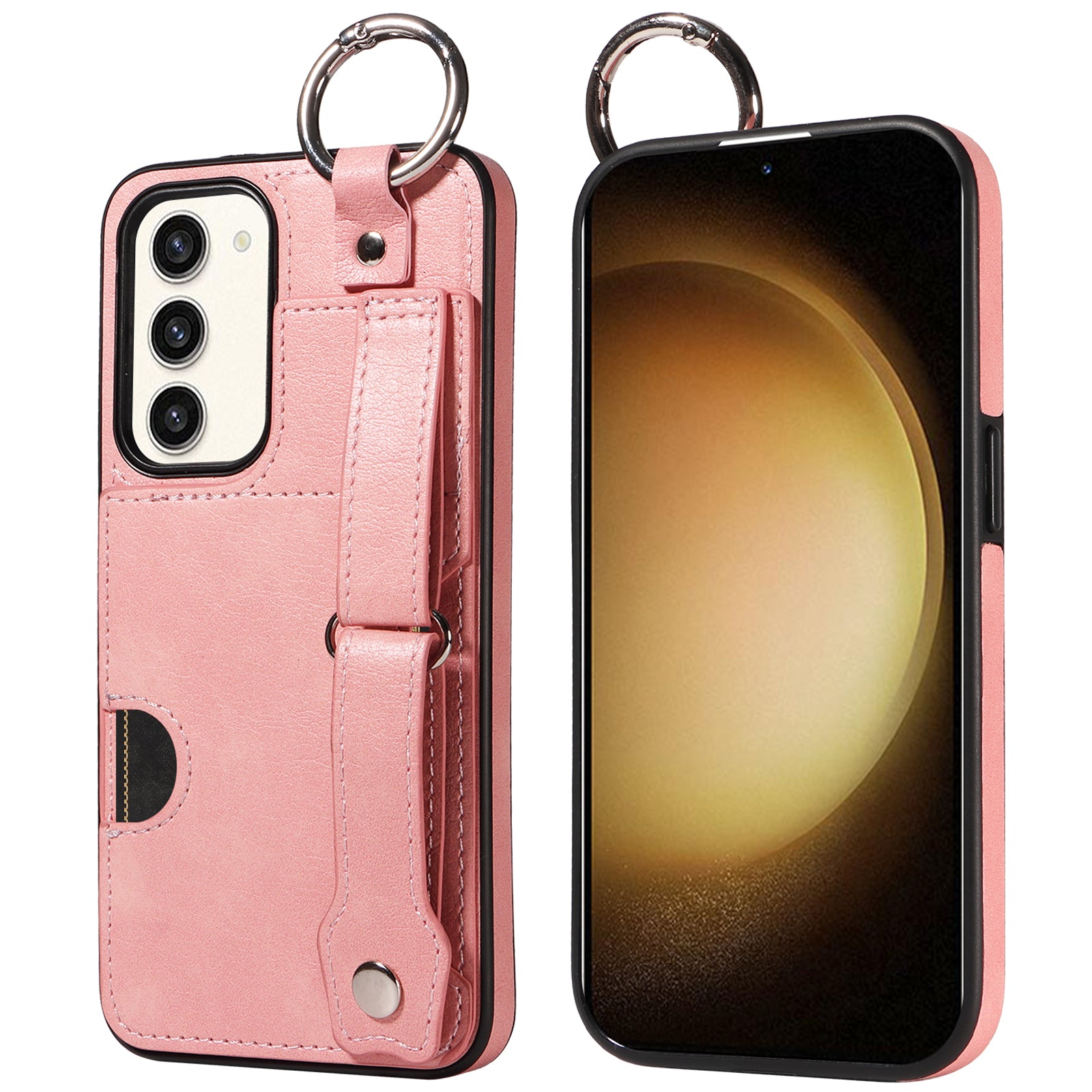 008 For Samsung Galaxy S23+ Kickstand Case Anti-Dorp PU+TPU Phone Cover with Ring Buckle - Pink