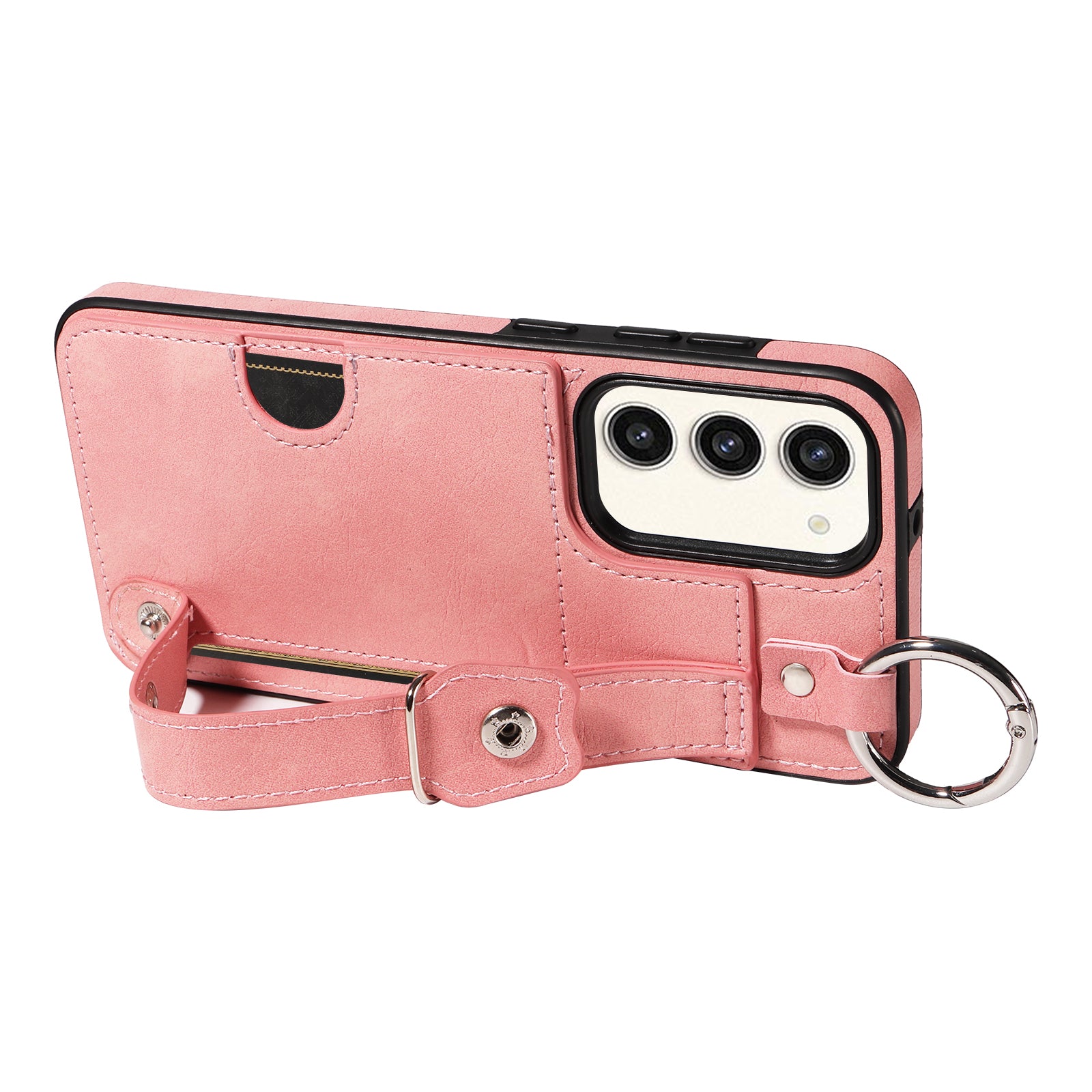 008 For Samsung Galaxy S23+ Kickstand Case Anti-Dorp PU+TPU Phone Cover with Ring Buckle - Pink