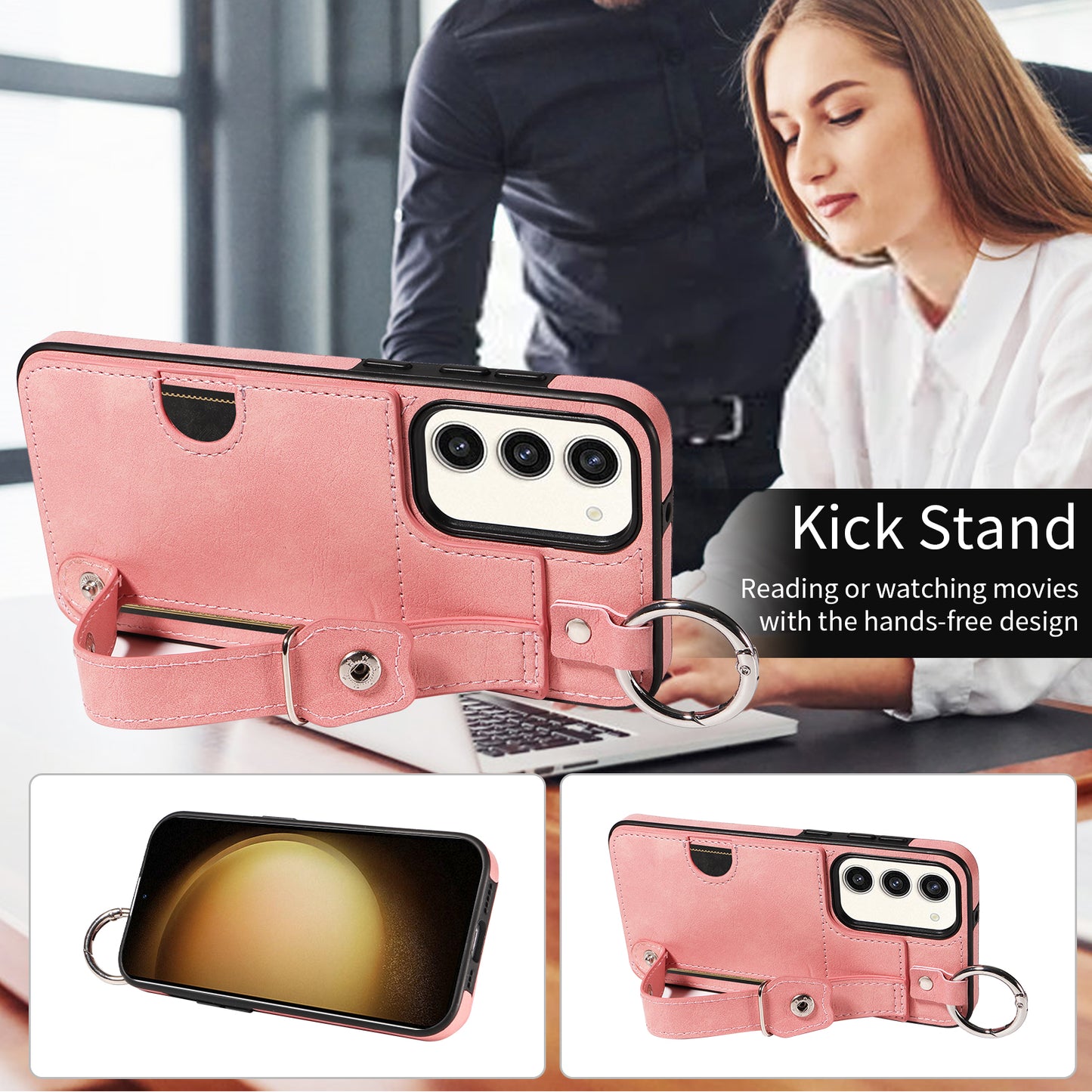 008 For Samsung Galaxy S23+ Kickstand Case Anti-Dorp PU+TPU Phone Cover with Ring Buckle - Pink