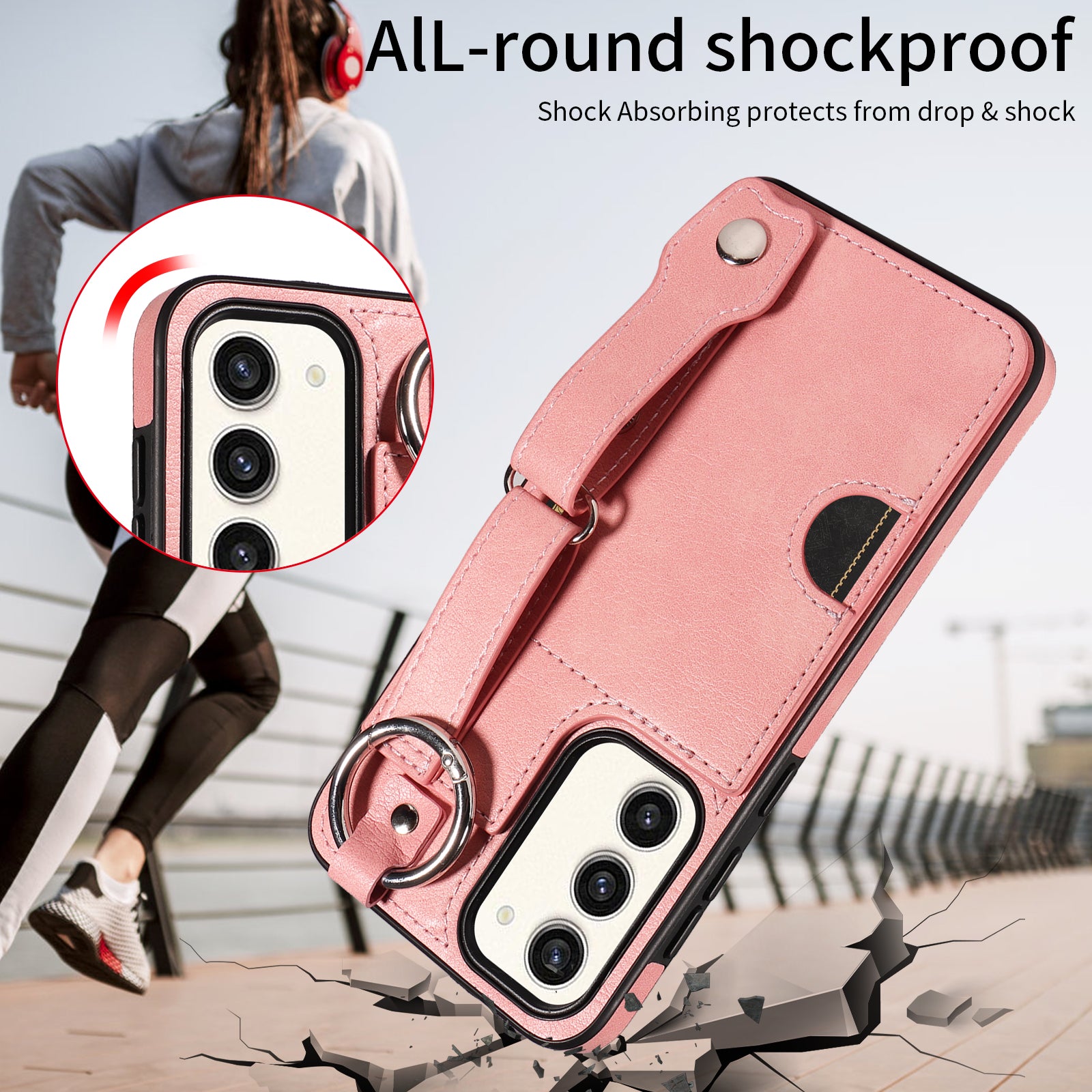 008 For Samsung Galaxy S23+ Kickstand Case Anti-Dorp PU+TPU Phone Cover with Ring Buckle - Pink