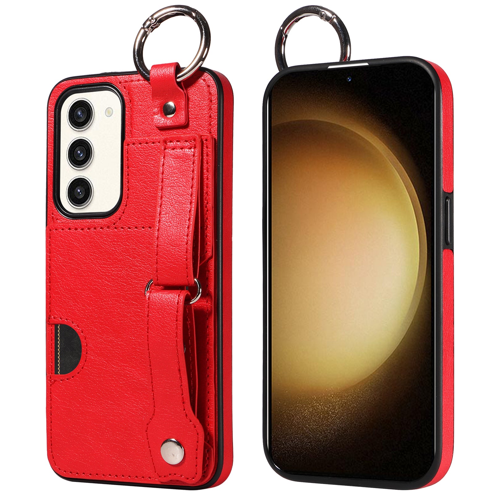 008 For Samsung Galaxy S23+ Kickstand Case Anti-Dorp PU+TPU Phone Cover with Ring Buckle - Red