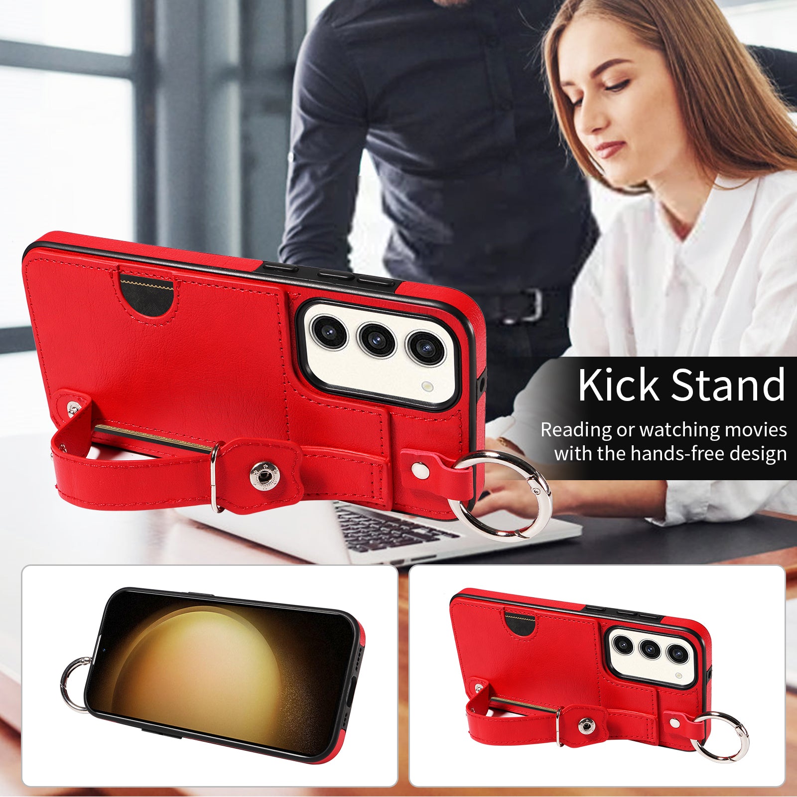 008 For Samsung Galaxy S23+ Kickstand Case Anti-Dorp PU+TPU Phone Cover with Ring Buckle - Red