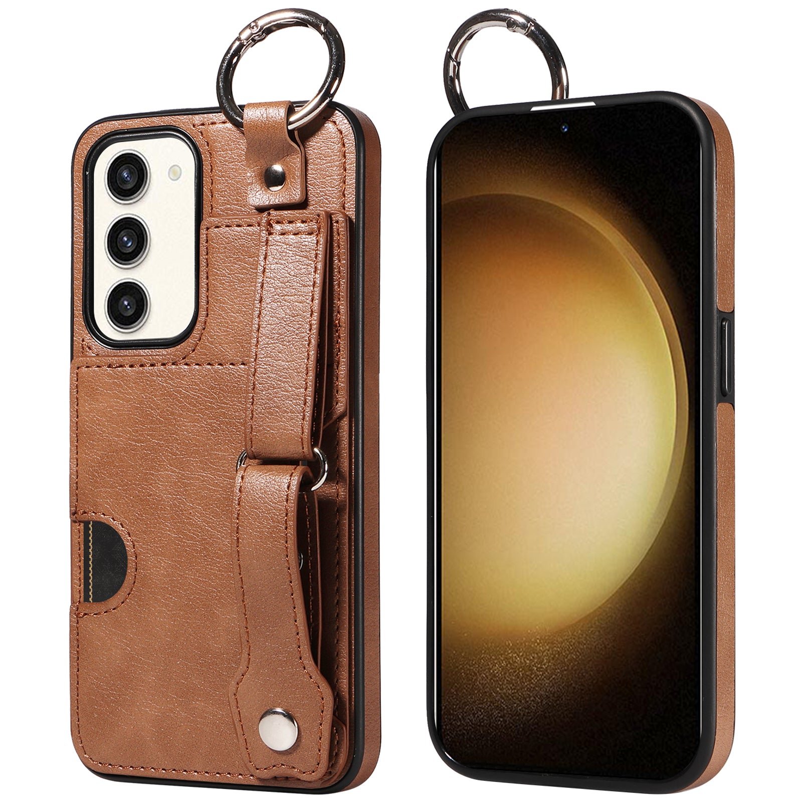 008 For Samsung Galaxy S23+ Kickstand Case Anti-Dorp PU+TPU Phone Cover with Ring Buckle - Brown