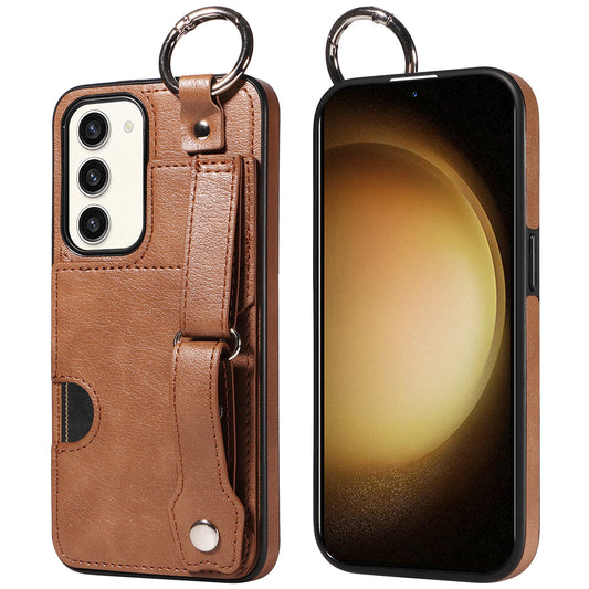 008 For Samsung Galaxy S23+ Kickstand Case Anti-Dorp PU+TPU Phone Cover with Ring Buckle - Brown