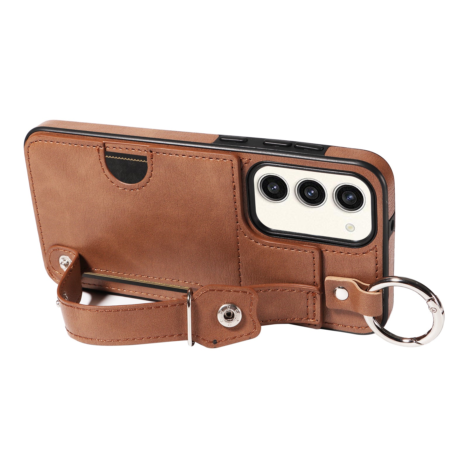 008 For Samsung Galaxy S23+ Kickstand Case Anti-Dorp PU+TPU Phone Cover with Ring Buckle - Brown