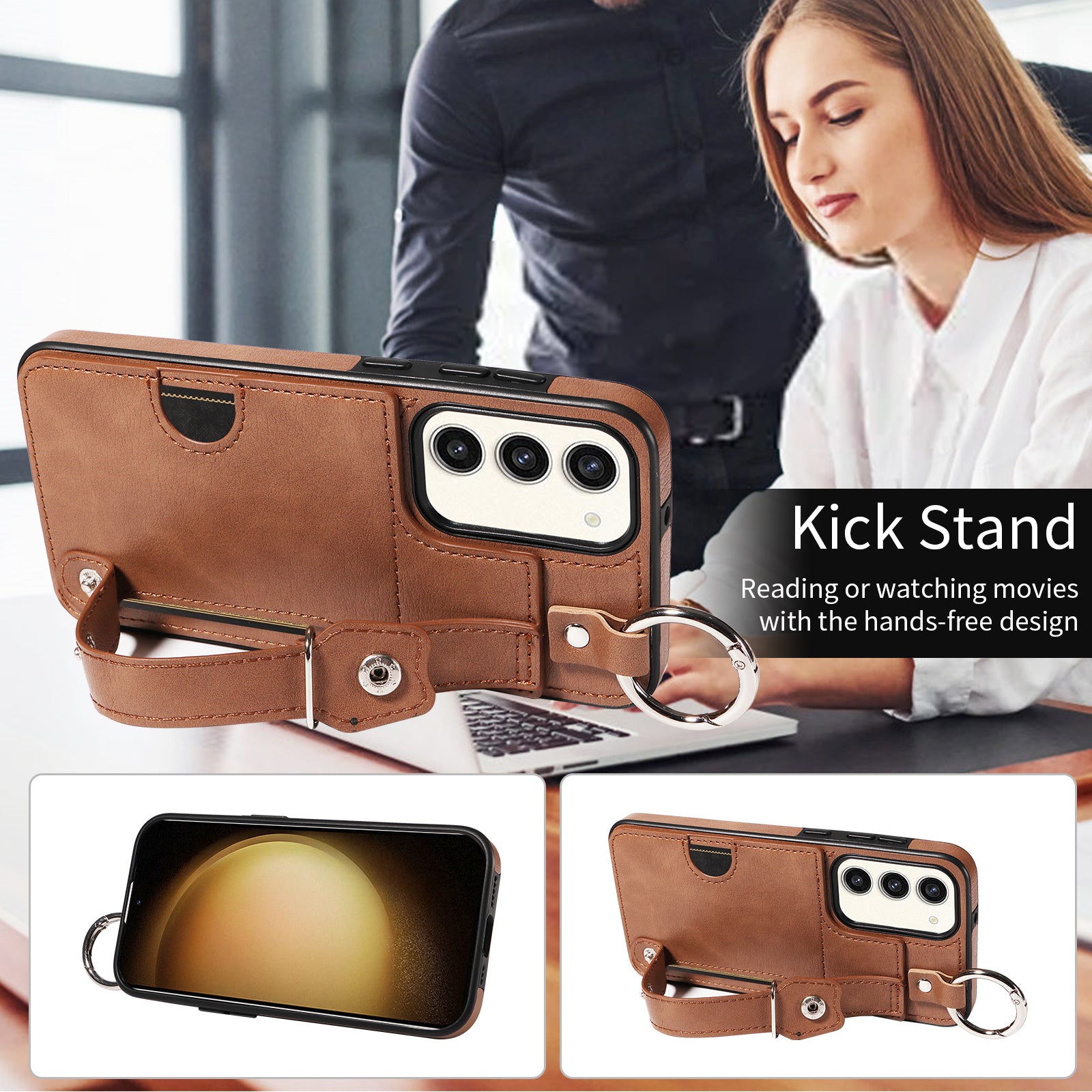 008 For Samsung Galaxy S23+ Kickstand Case Anti-Dorp PU+TPU Phone Cover with Ring Buckle - Brown