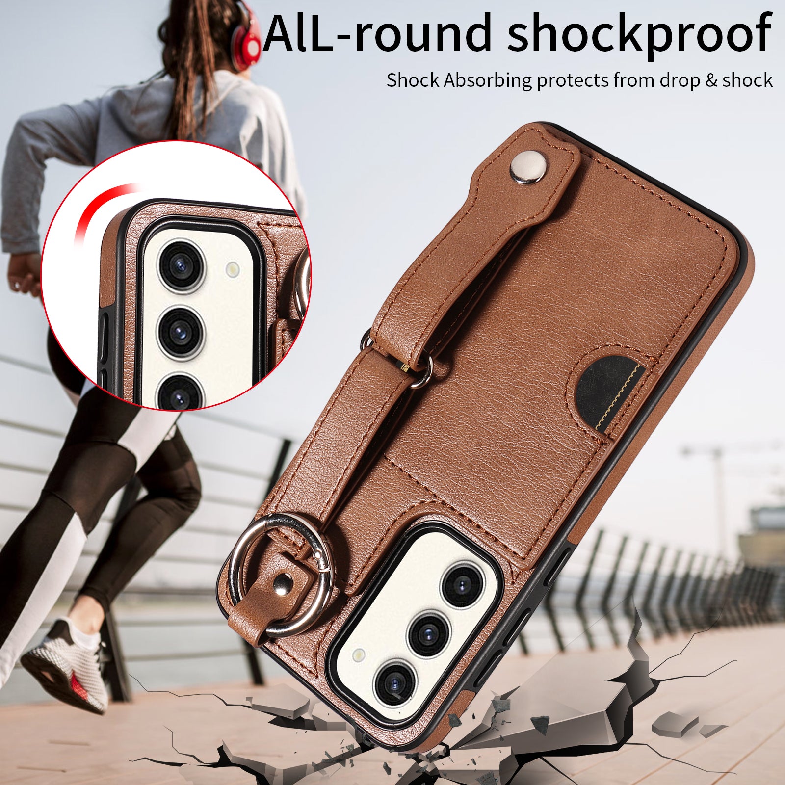 008 For Samsung Galaxy S23+ Kickstand Case Anti-Dorp PU+TPU Phone Cover with Ring Buckle - Brown