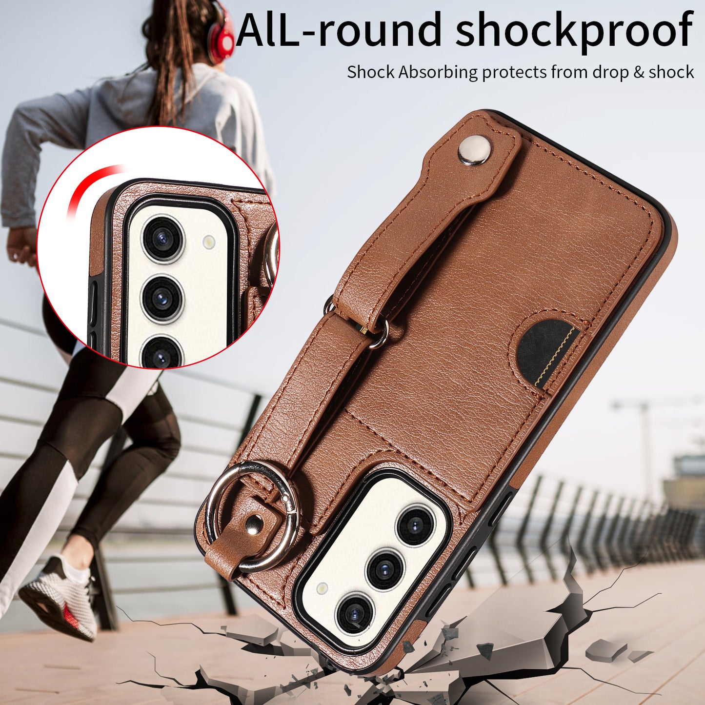 008 For Samsung Galaxy S23+ Kickstand Case Anti-Dorp PU+TPU Phone Cover with Ring Buckle - Brown