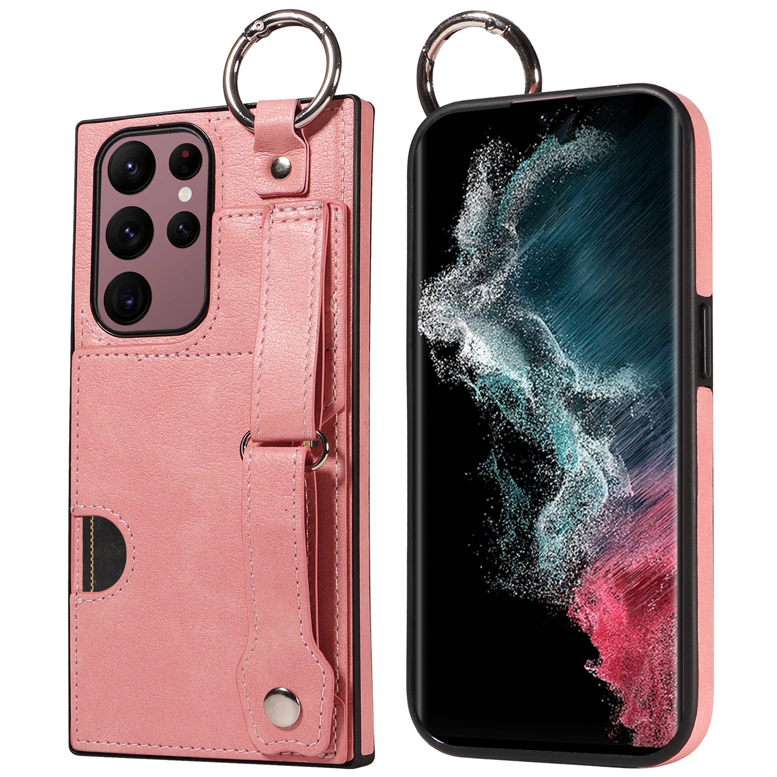 008 For Samsung Galaxy S22 Ultra 5G Case Anti-dust Leather+TPU Kickstand Phone Guard Cover - Pink