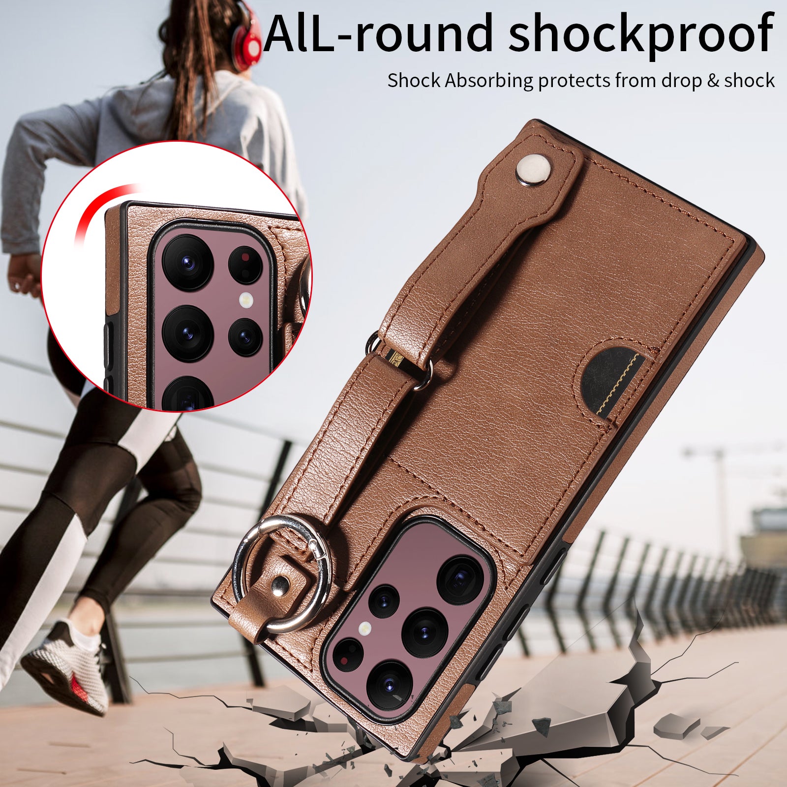 008 For Samsung Galaxy S22 Ultra 5G Case Anti-dust Leather+TPU Kickstand Phone Guard Cover - Brown