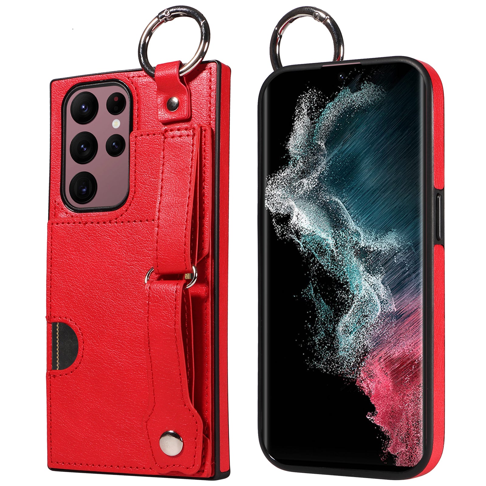 008 For Samsung Galaxy S22 Ultra 5G Case Anti-dust Leather+TPU Kickstand Phone Guard Cover - Red