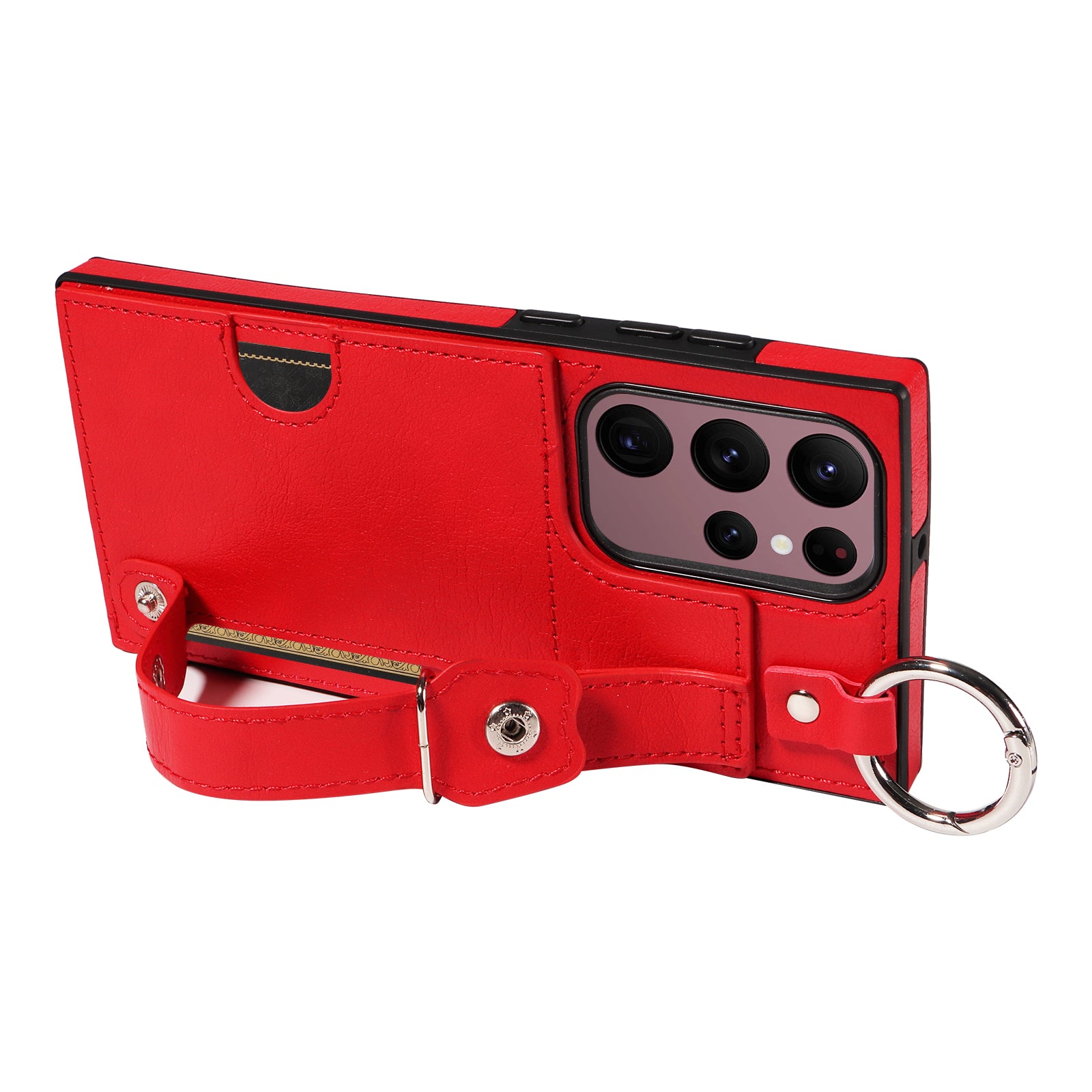 008 For Samsung Galaxy S22 Ultra 5G Case Anti-dust Leather+TPU Kickstand Phone Guard Cover - Red