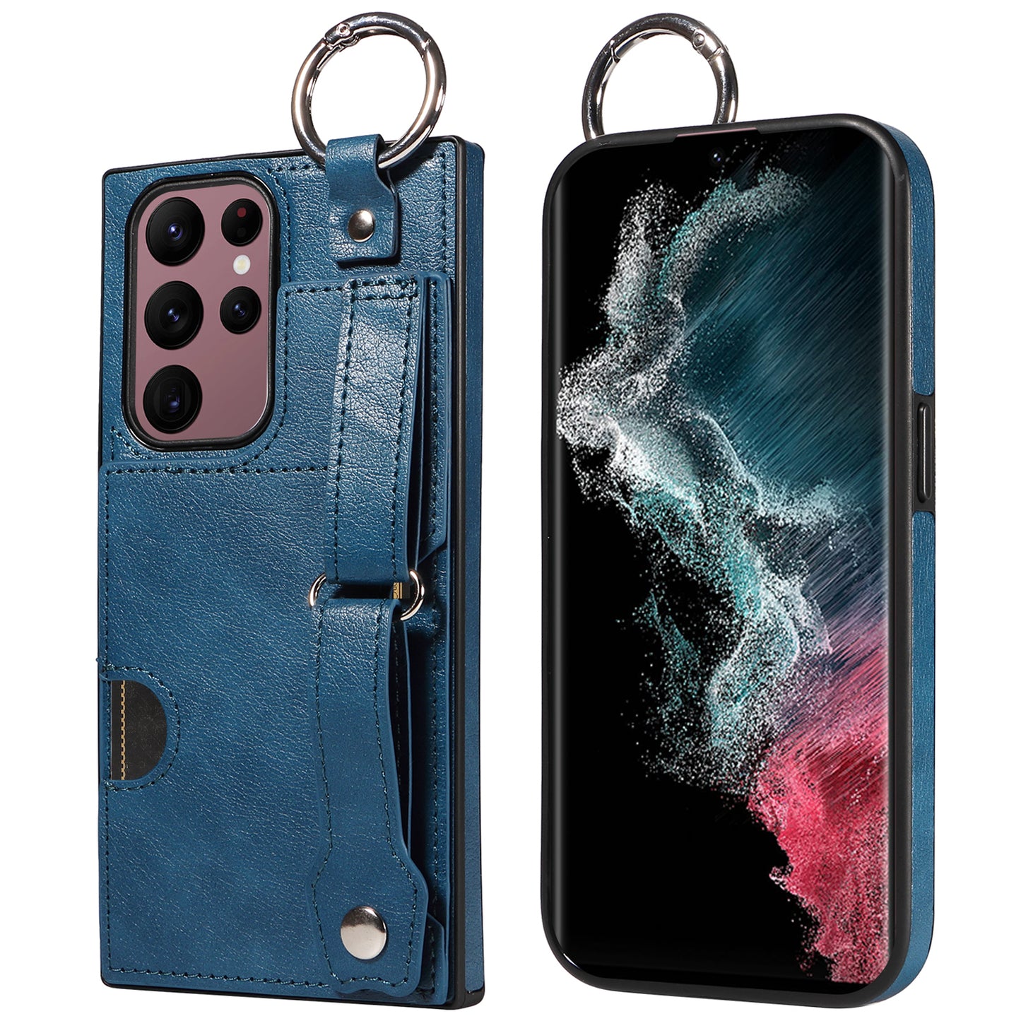 008 For Samsung Galaxy S22 Ultra 5G Case Anti-dust Leather+TPU Kickstand Phone Guard Cover - Blue