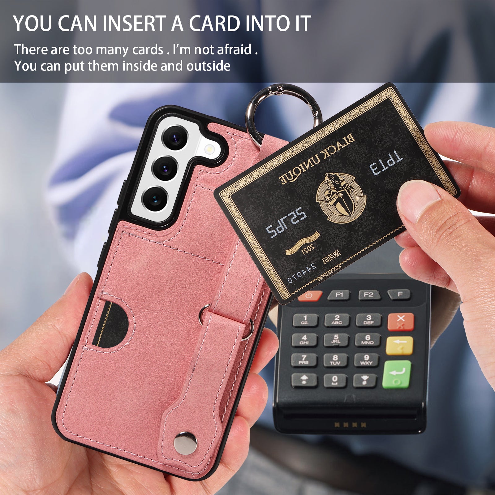 008 For Samsung Galaxy S22 5G Case Card Holder Leather Coated TPU Phone Kickstand Cover - Pink