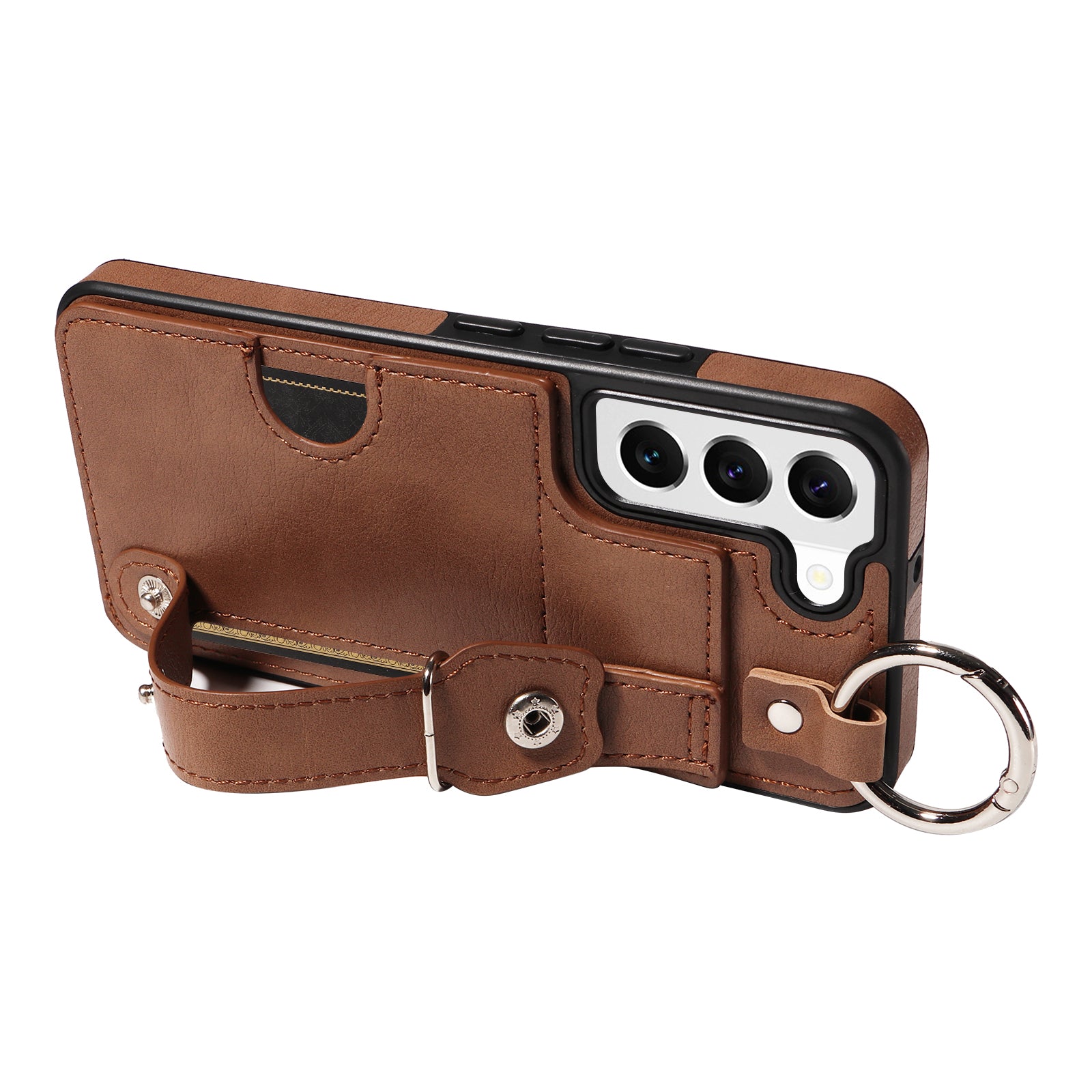 008 For Samsung Galaxy S22 5G Case Card Holder Leather Coated TPU Phone Kickstand Cover - Brown
