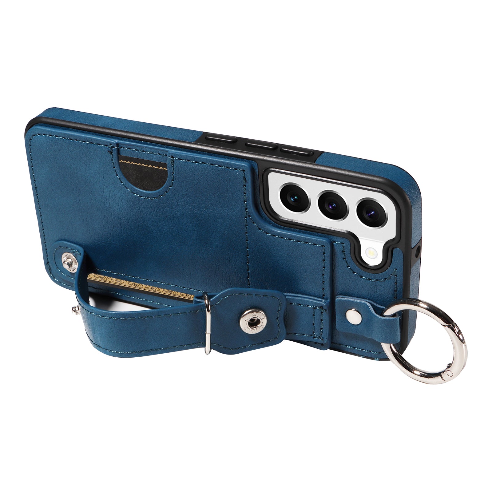 008 For Samsung Galaxy S22 5G Case Card Holder Leather Coated TPU Phone Kickstand Cover - Blue