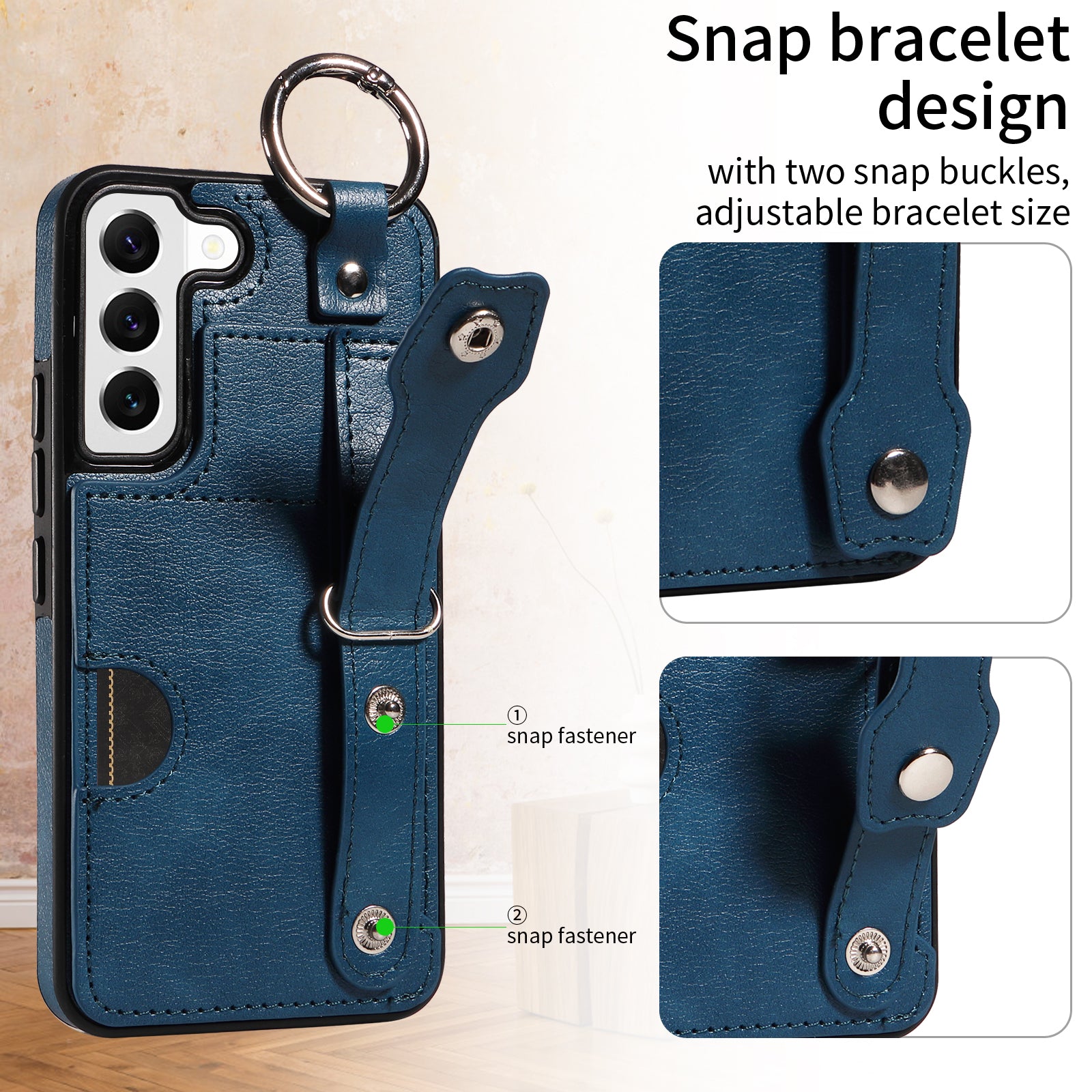 008 For Samsung Galaxy S22 5G Case Card Holder Leather Coated TPU Phone Kickstand Cover - Blue