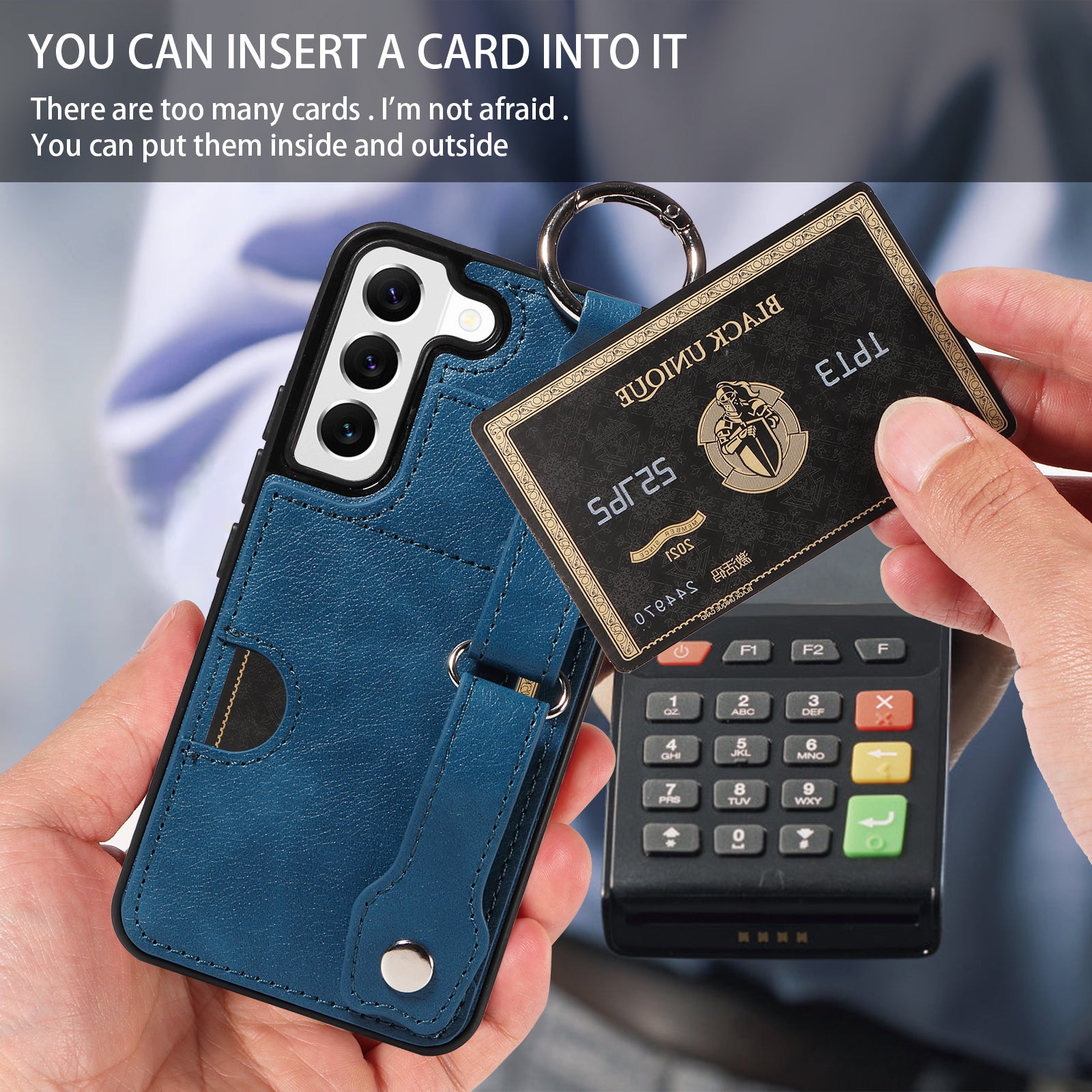 008 For Samsung Galaxy S22 5G Case Card Holder Leather Coated TPU Phone Kickstand Cover - Blue