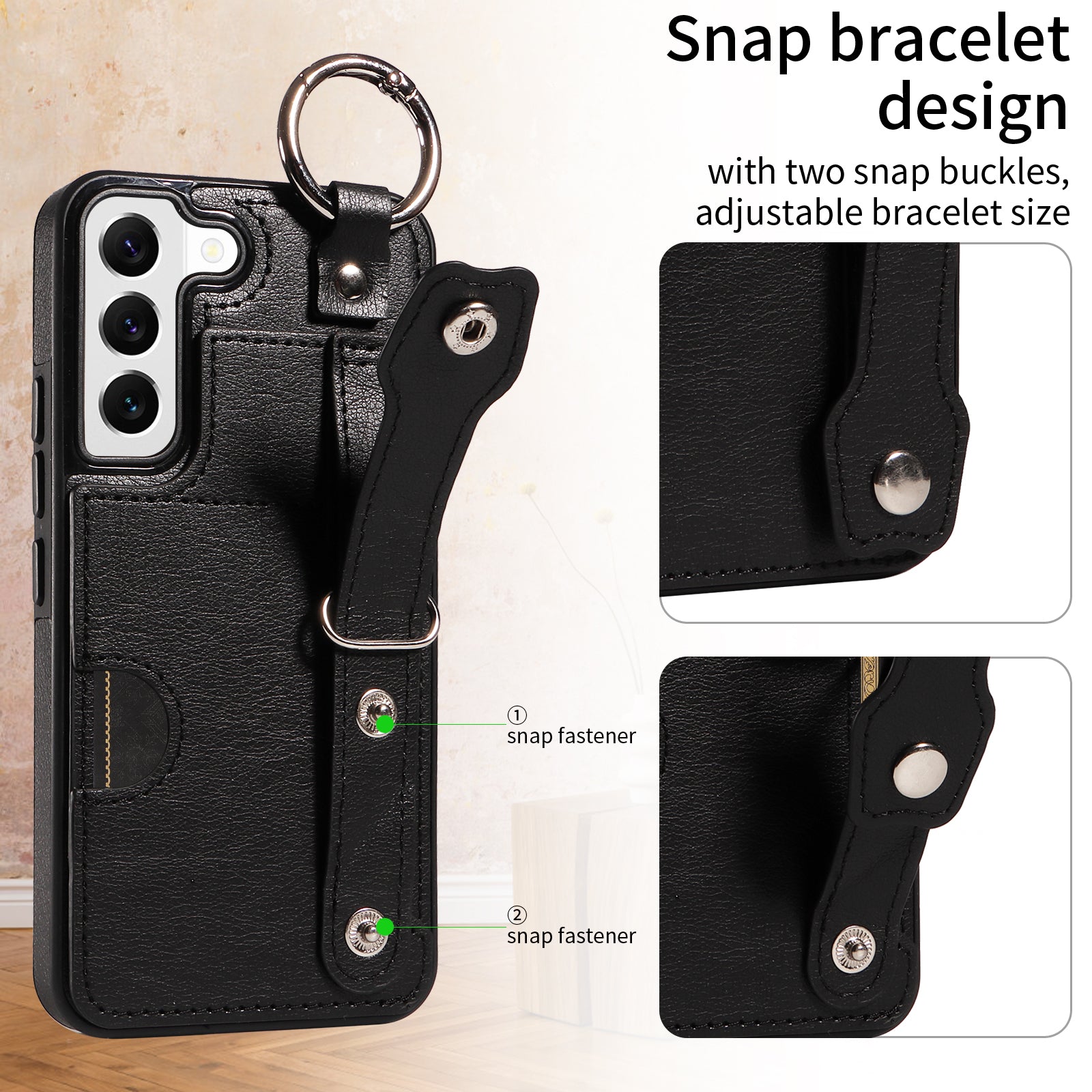008 For Samsung Galaxy S22 5G Case Card Holder Leather Coated TPU Phone Kickstand Cover - Black