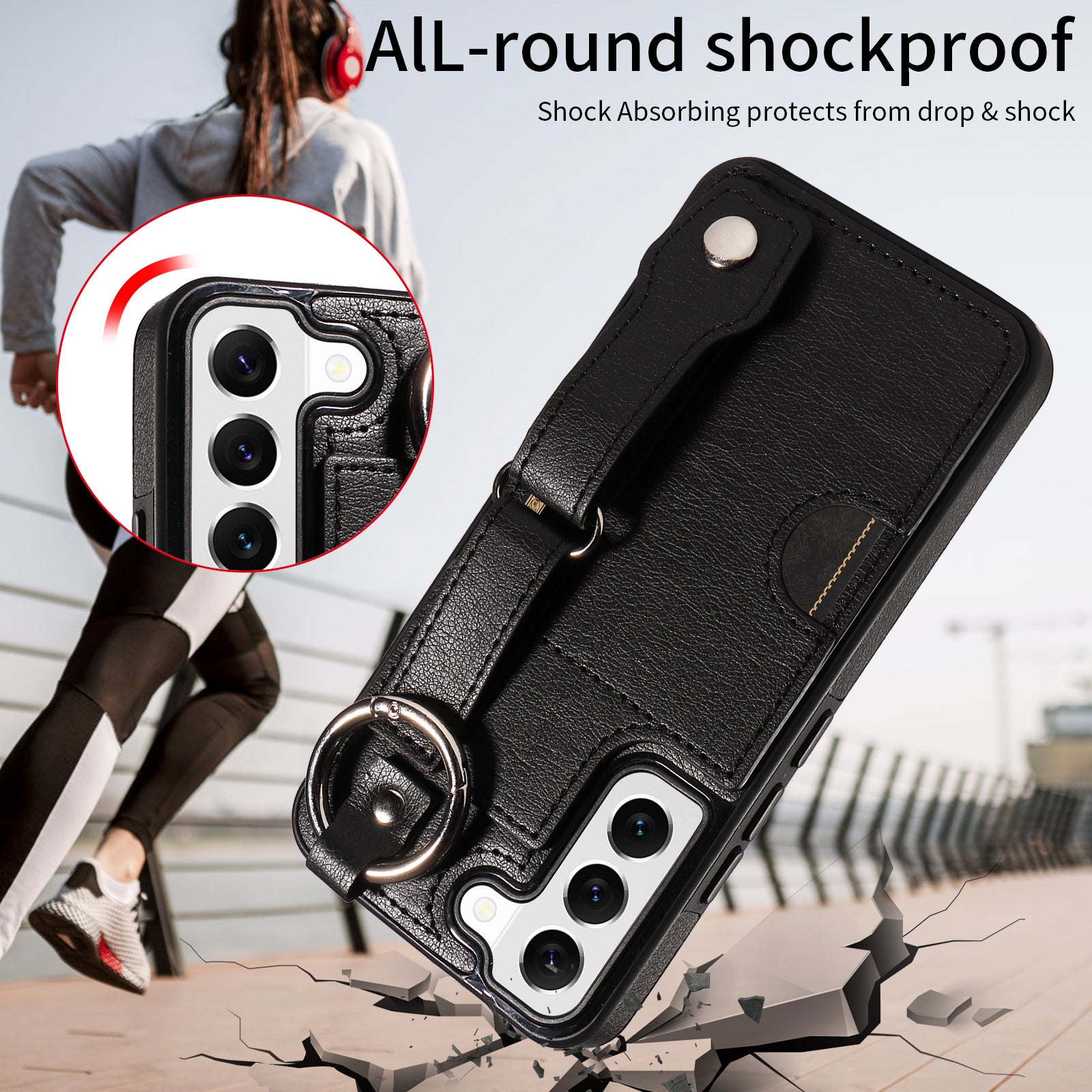 008 For Samsung Galaxy S22 5G Case Card Holder Leather Coated TPU Phone Kickstand Cover - Black