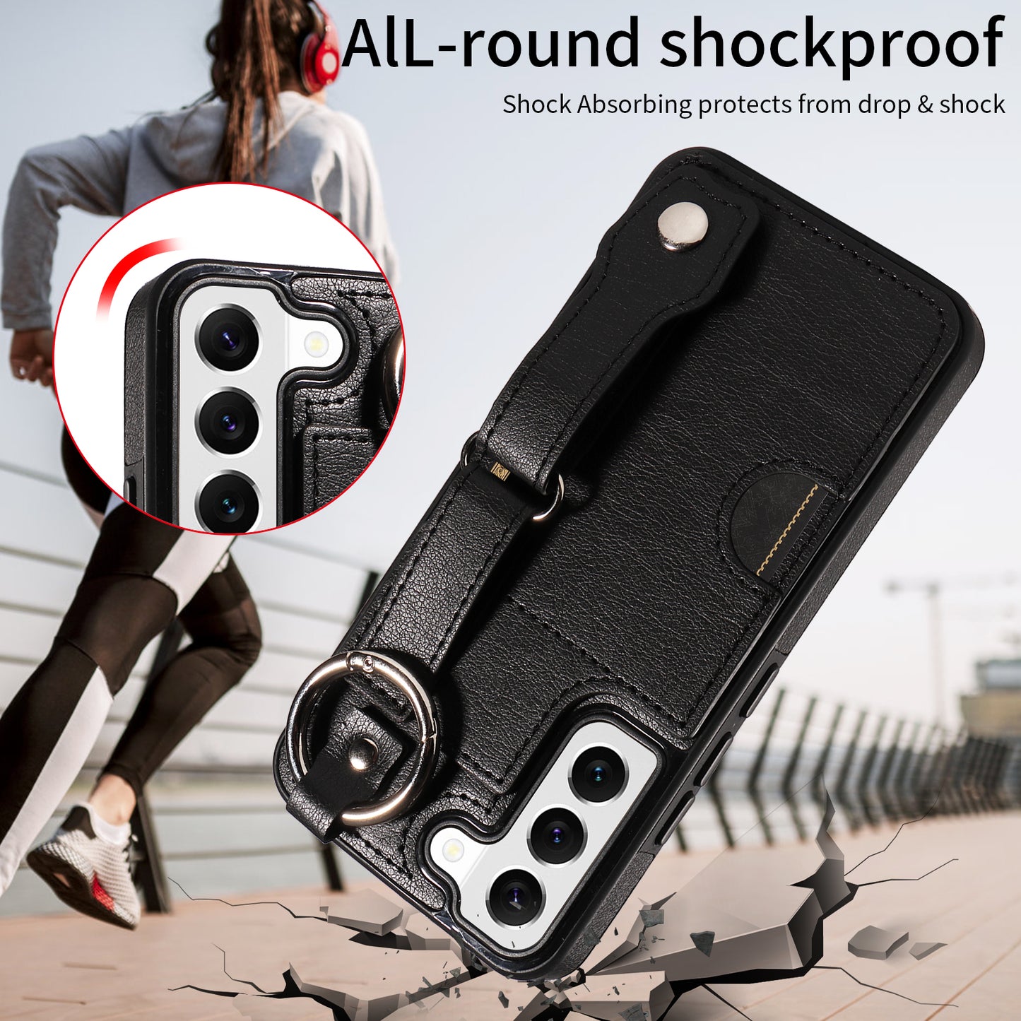 008 For Samsung Galaxy S22 5G Case Card Holder Leather Coated TPU Phone Kickstand Cover - Black