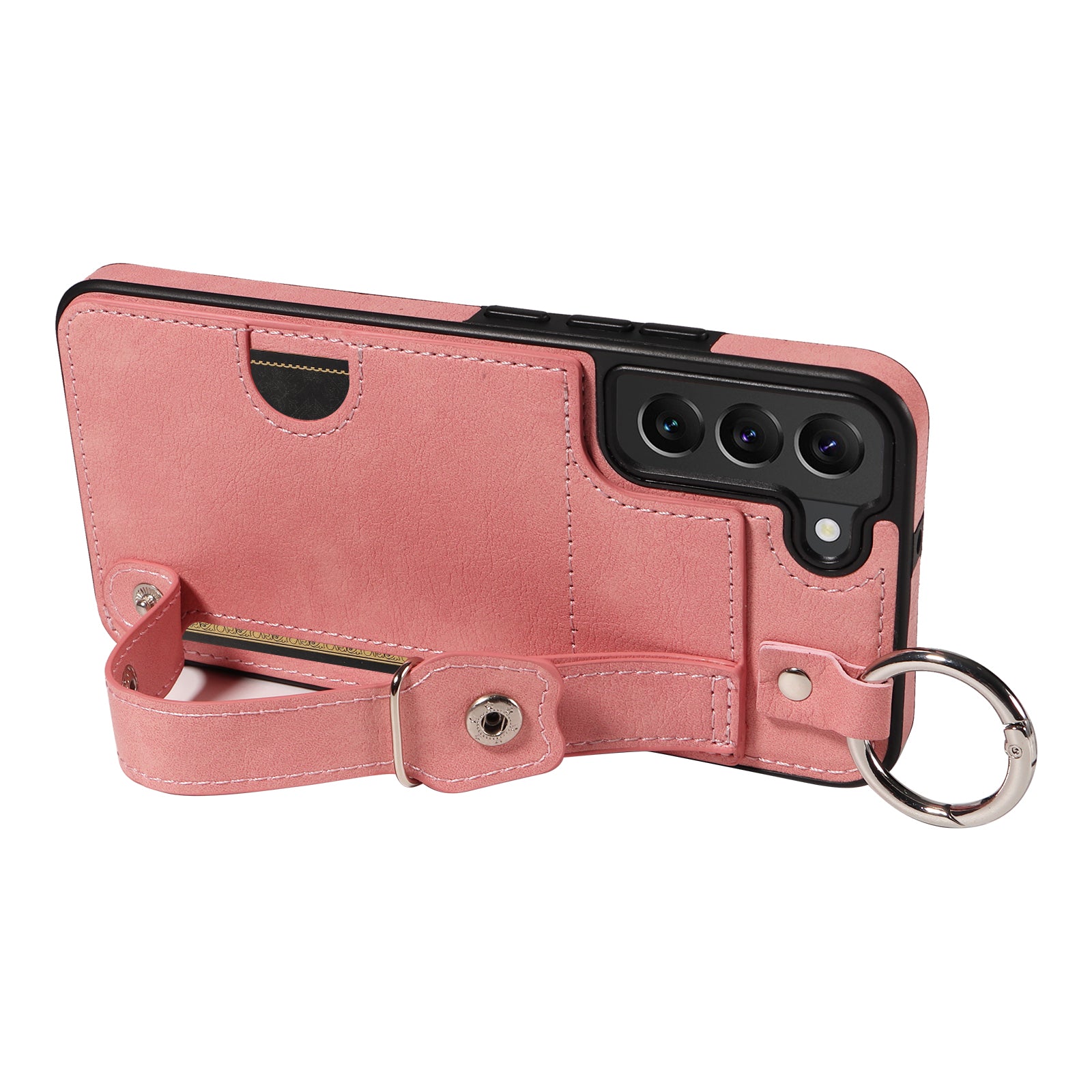 008 For Samsung Galaxy S22+ 5G Case Non-Slip Kickstand Grip Leather+TPU Phone Cover with Card Holder - Pink