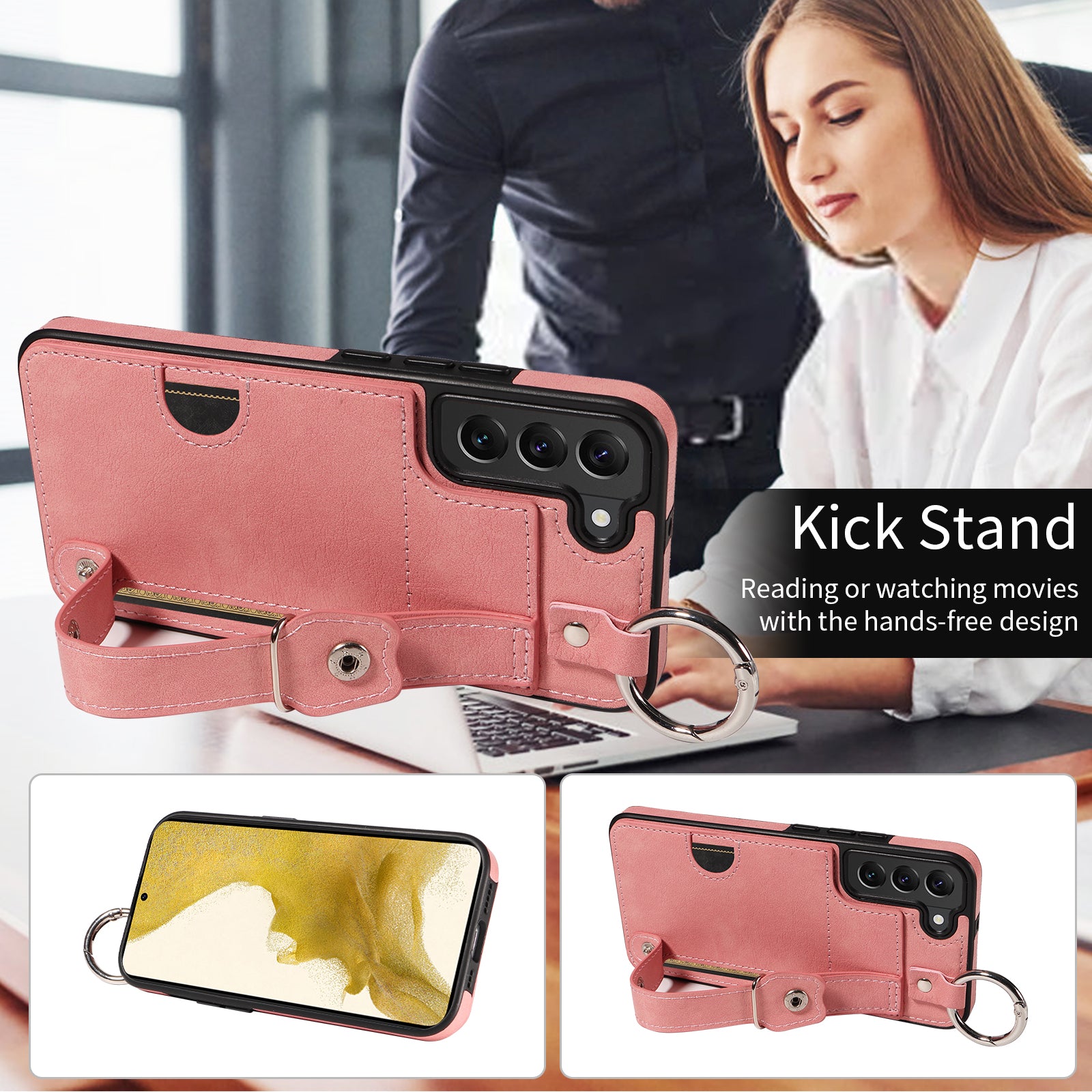 008 For Samsung Galaxy S22+ 5G Case Non-Slip Kickstand Grip Leather+TPU Phone Cover with Card Holder - Pink