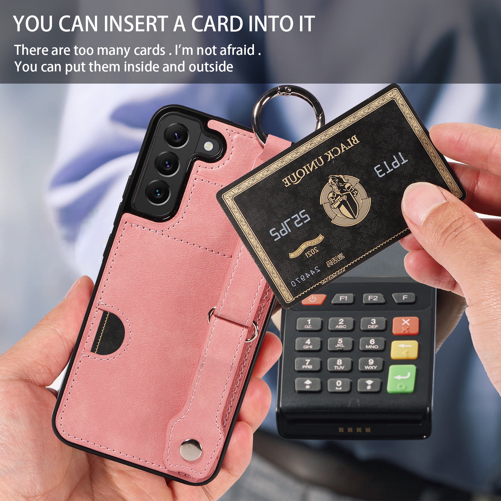 008 For Samsung Galaxy S22+ 5G Case Non-Slip Kickstand Grip Leather+TPU Phone Cover with Card Holder - Pink