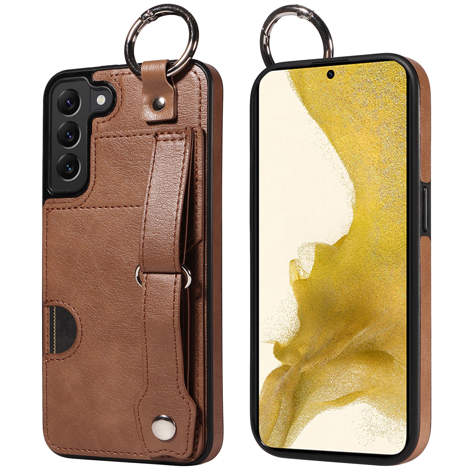 008 For Samsung Galaxy S22+ 5G Case Non-Slip Kickstand Grip Leather+TPU Phone Cover with Card Holder - Brown