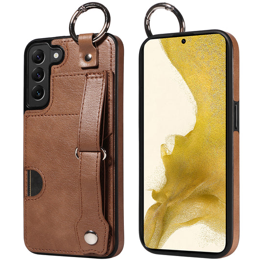 008 For Samsung Galaxy S22+ 5G Case Non-Slip Kickstand Grip Leather+TPU Phone Cover with Card Holder - Brown
