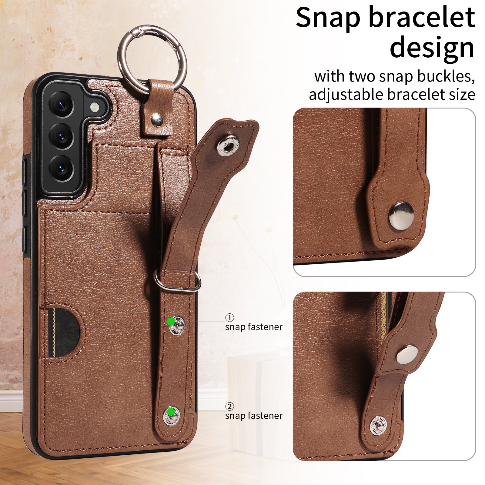 008 For Samsung Galaxy S22+ 5G Case Non-Slip Kickstand Grip Leather+TPU Phone Cover with Card Holder - Brown