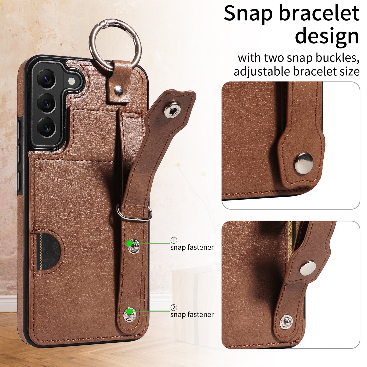 008 For Samsung Galaxy S22+ 5G Case Non-Slip Kickstand Grip Leather+TPU Phone Cover with Card Holder - Brown