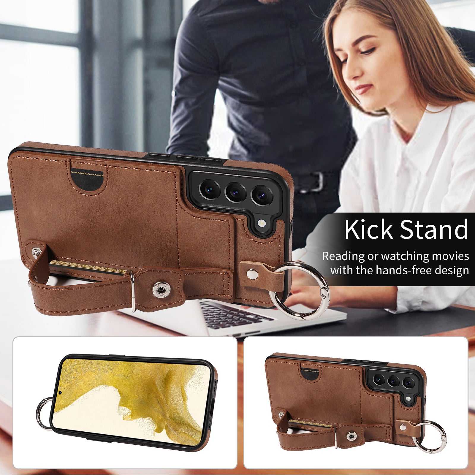 008 For Samsung Galaxy S22+ 5G Case Non-Slip Kickstand Grip Leather+TPU Phone Cover with Card Holder - Brown