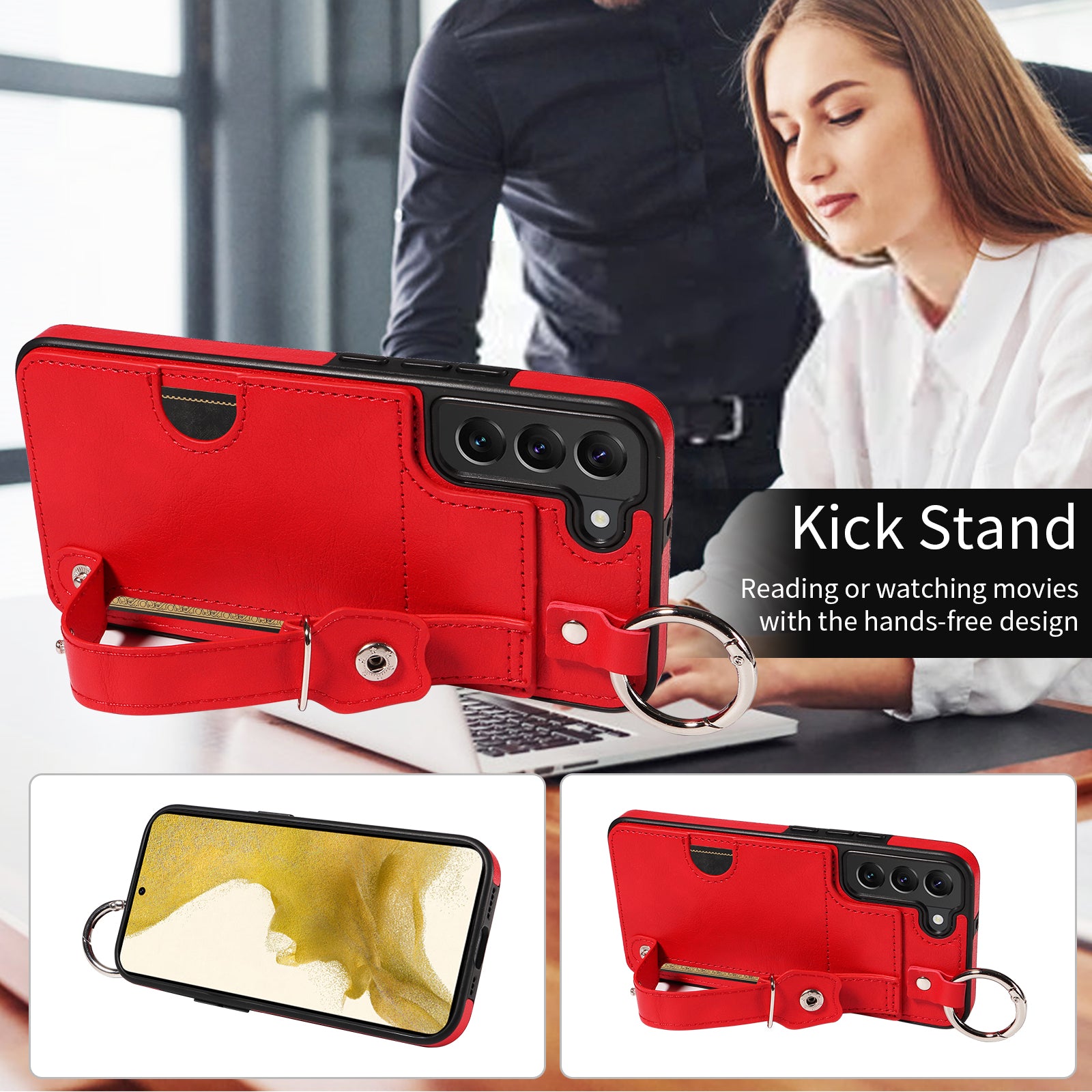 008 For Samsung Galaxy S22+ 5G Case Non-Slip Kickstand Grip Leather+TPU Phone Cover with Card Holder - Red