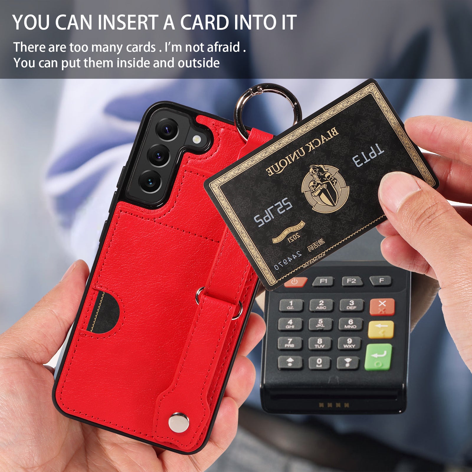008 For Samsung Galaxy S22+ 5G Case Non-Slip Kickstand Grip Leather+TPU Phone Cover with Card Holder - Red