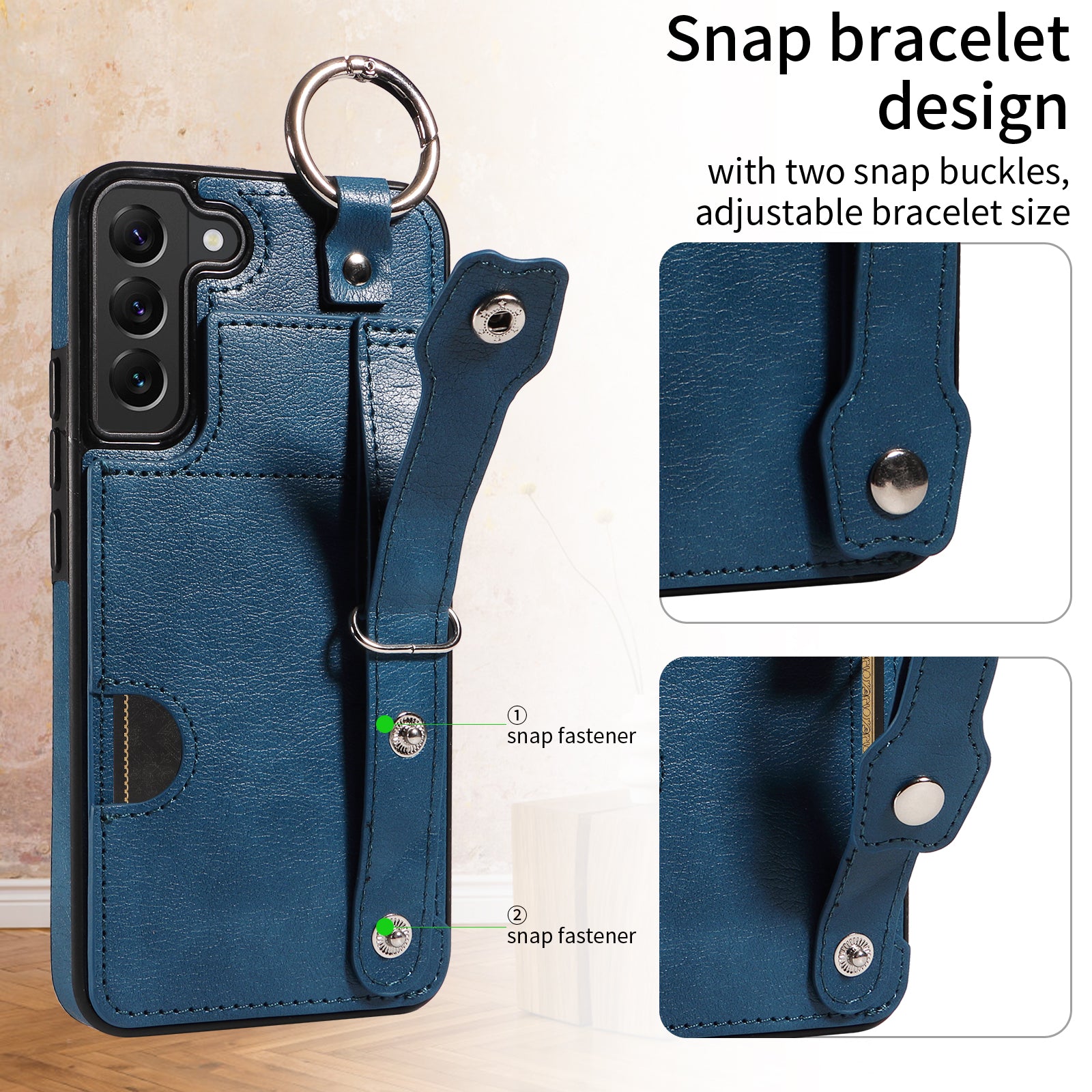 008 For Samsung Galaxy S22+ 5G Case Non-Slip Kickstand Grip Leather+TPU Phone Cover with Card Holder - Blue