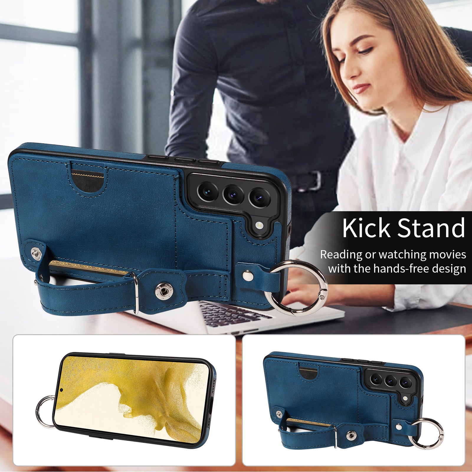 008 For Samsung Galaxy S22+ 5G Case Non-Slip Kickstand Grip Leather+TPU Phone Cover with Card Holder - Blue