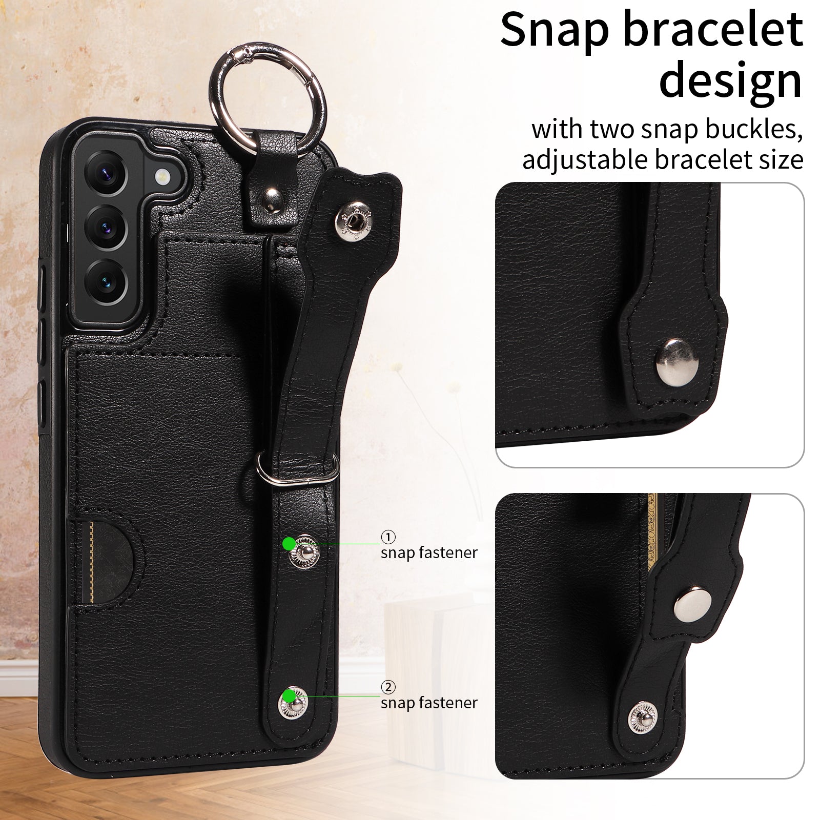 008 For Samsung Galaxy S22+ 5G Case Non-Slip Kickstand Grip Leather+TPU Phone Cover with Card Holder - Black
