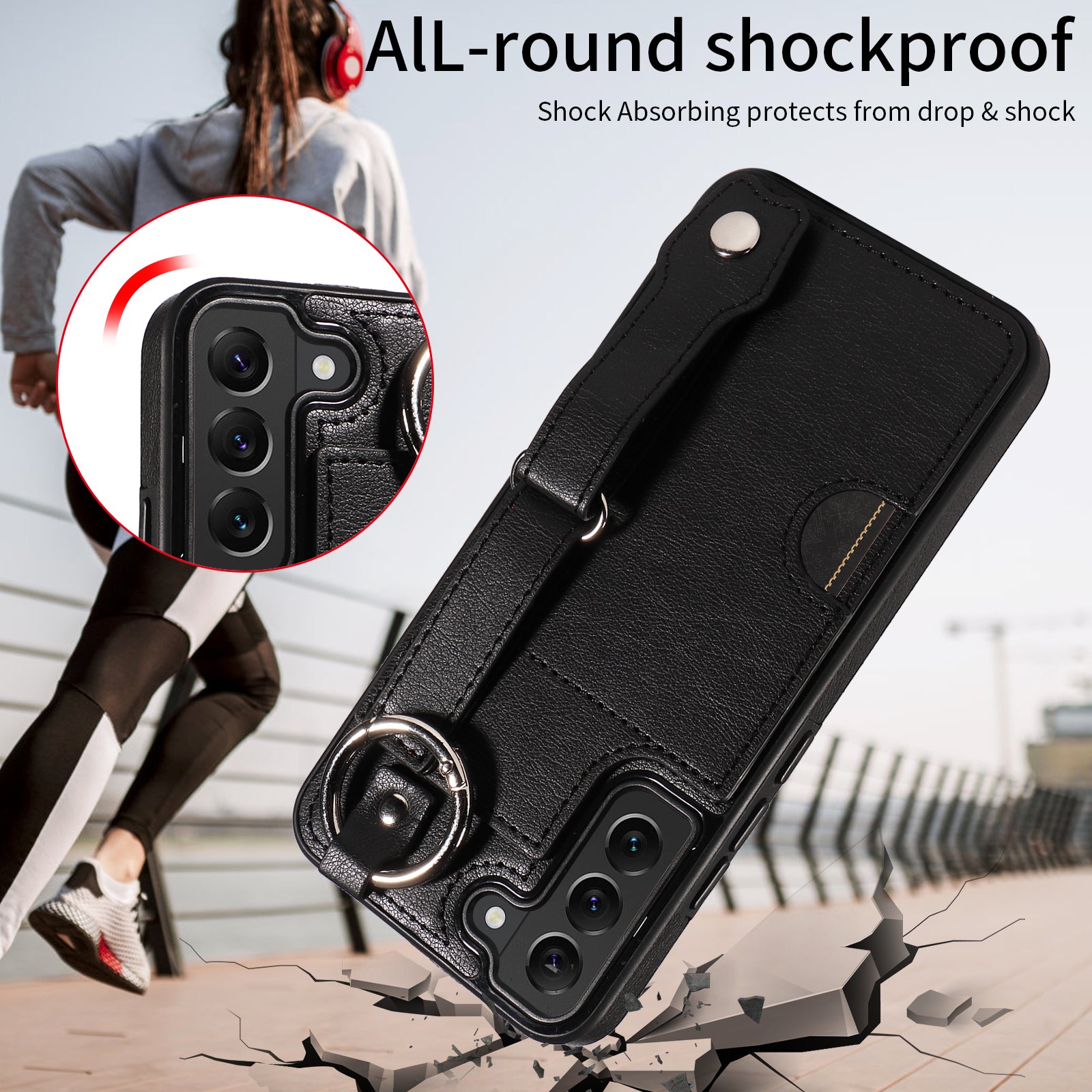 008 For Samsung Galaxy S22+ 5G Case Non-Slip Kickstand Grip Leather+TPU Phone Cover with Card Holder - Black