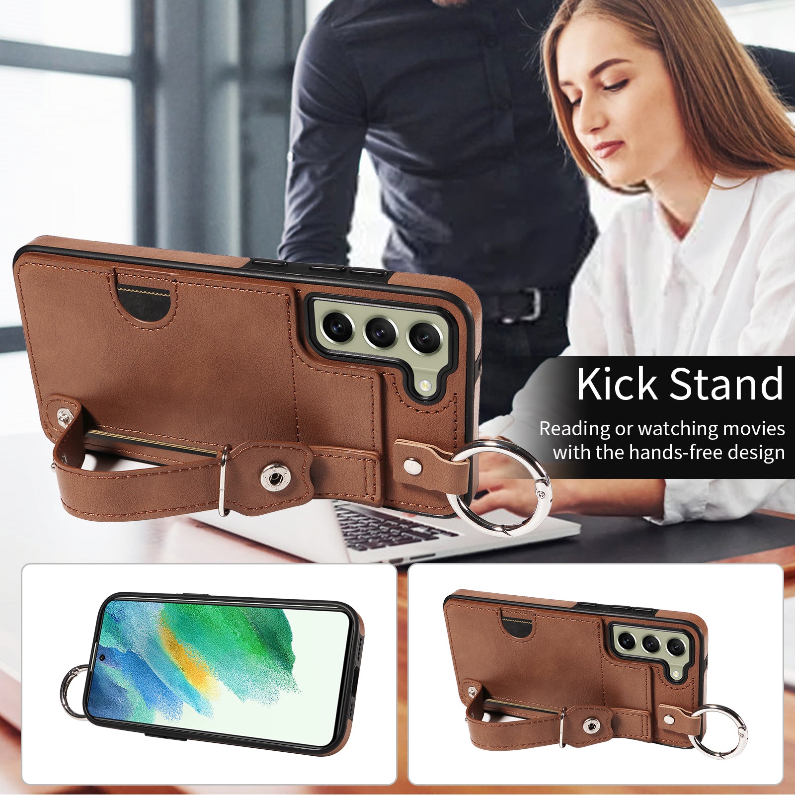 008 For Samsung Galaxy S21 FE 5G Case Anti-Scratch Leather TPU Phone Cover with Kickstand - Brown
